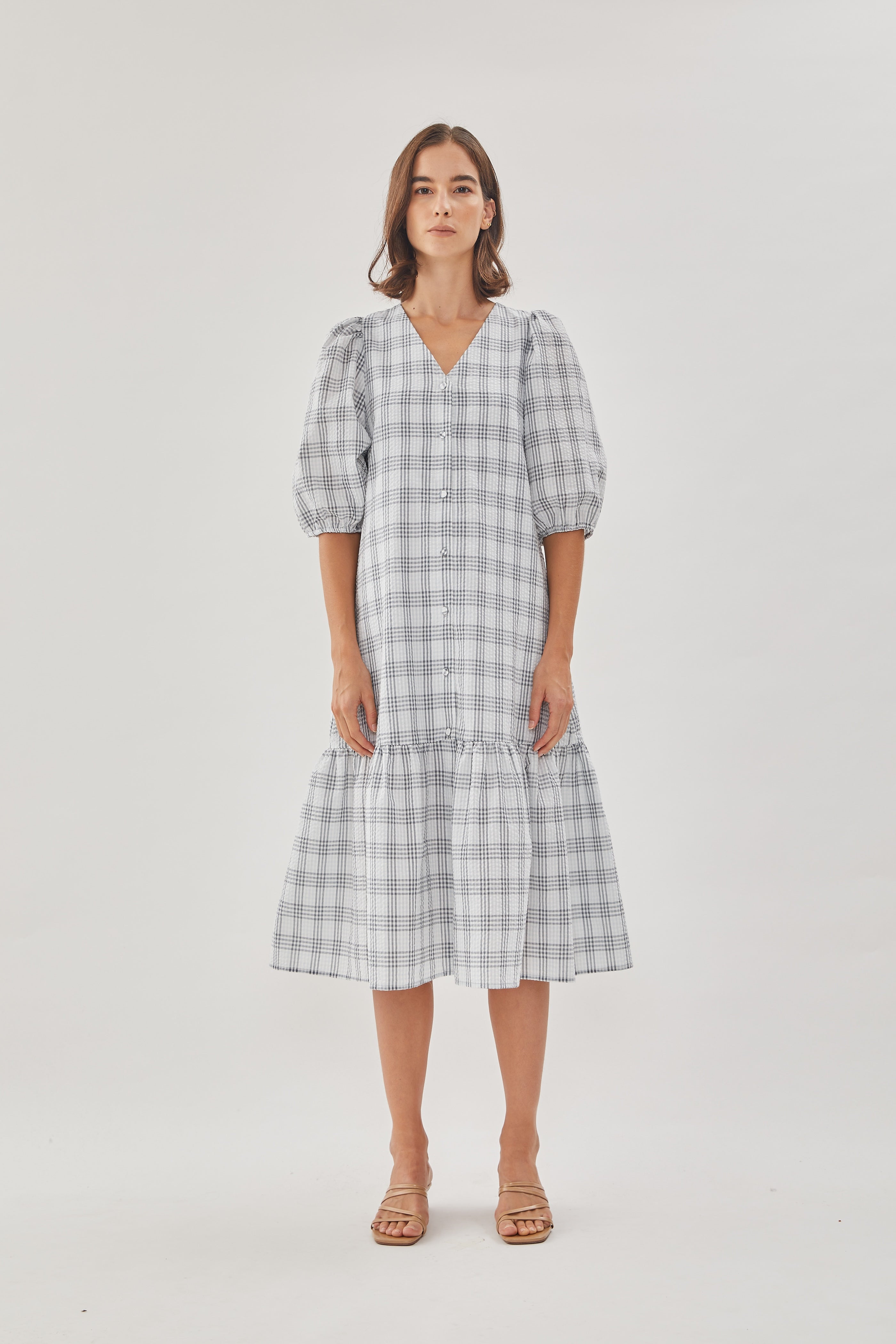 Seersucker Tiered Midi Dress in Mist