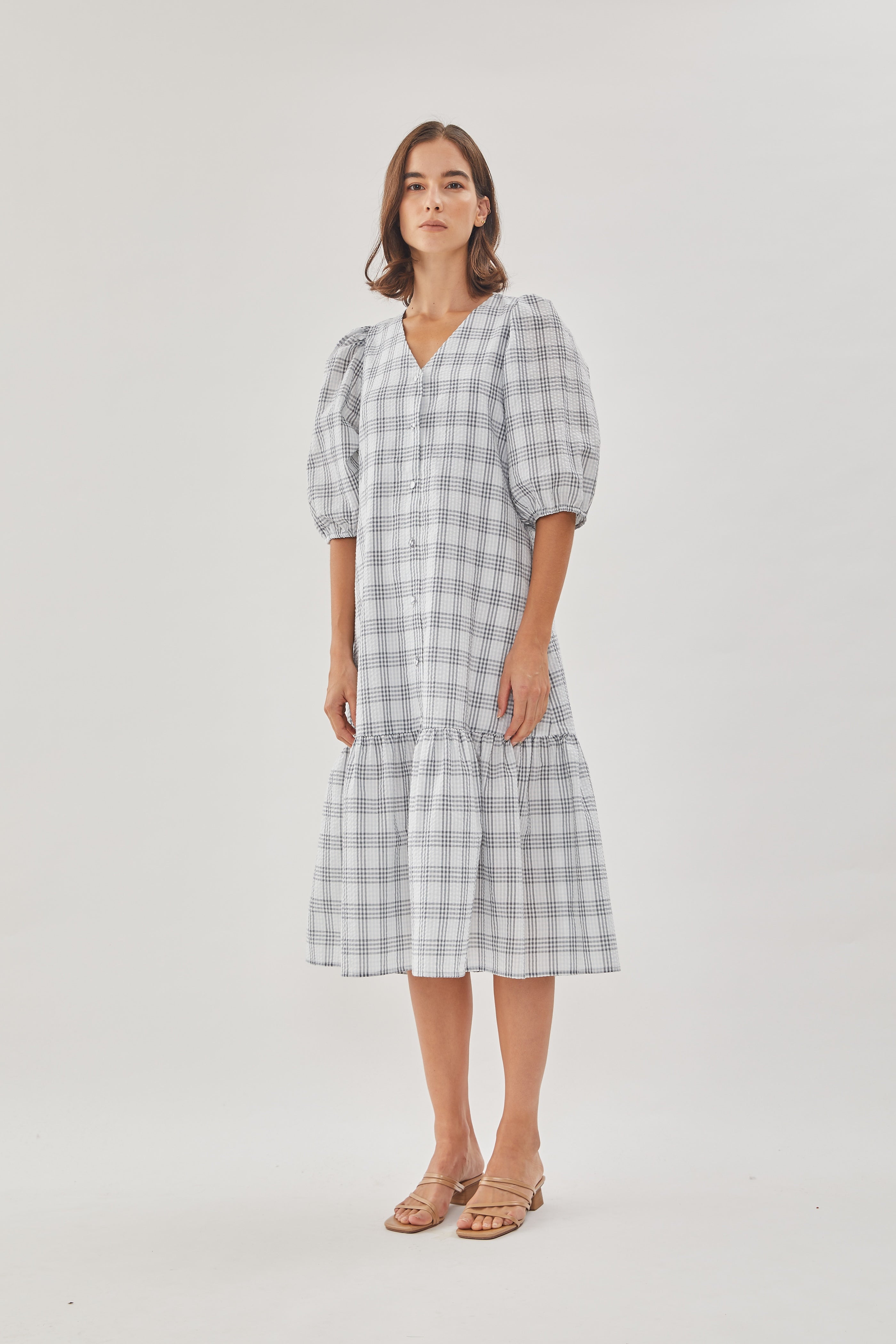 Seersucker Tiered Midi Dress in Mist