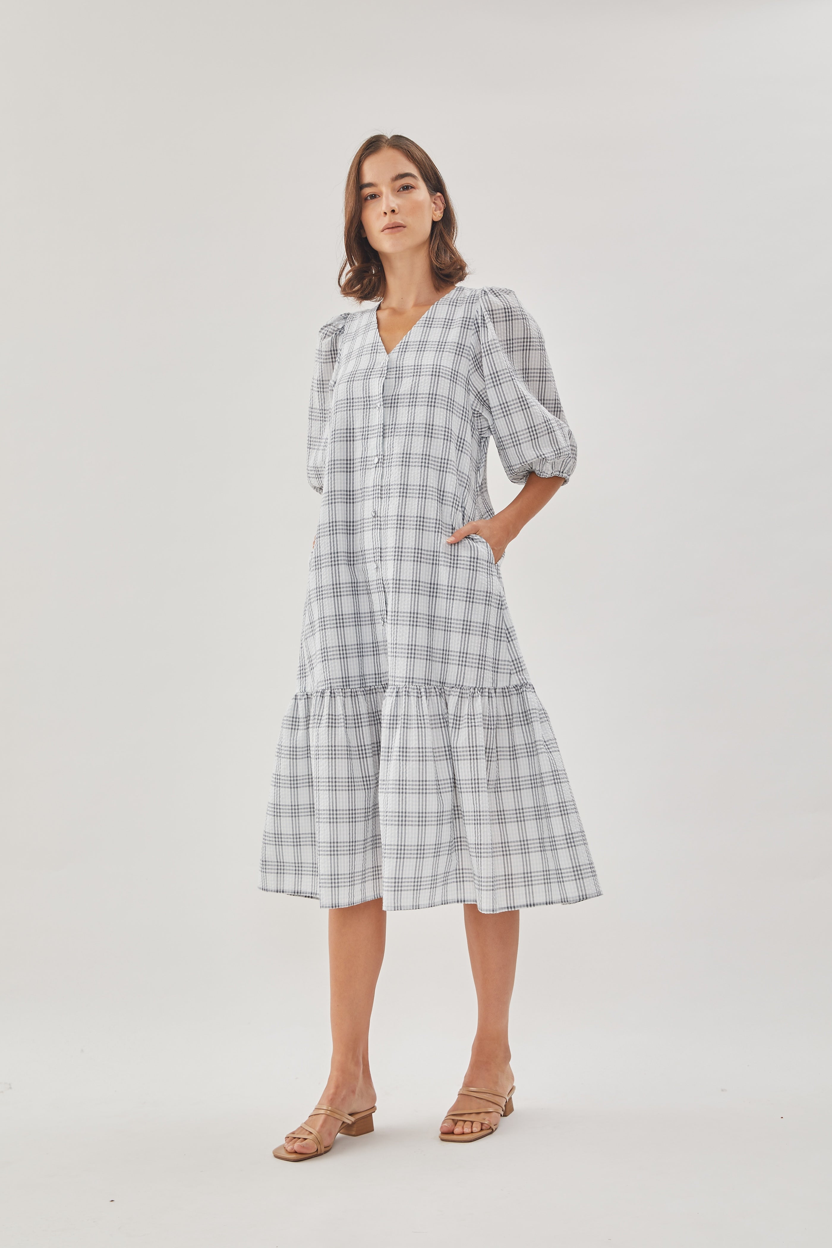 Seersucker Tiered Midi Dress in Mist