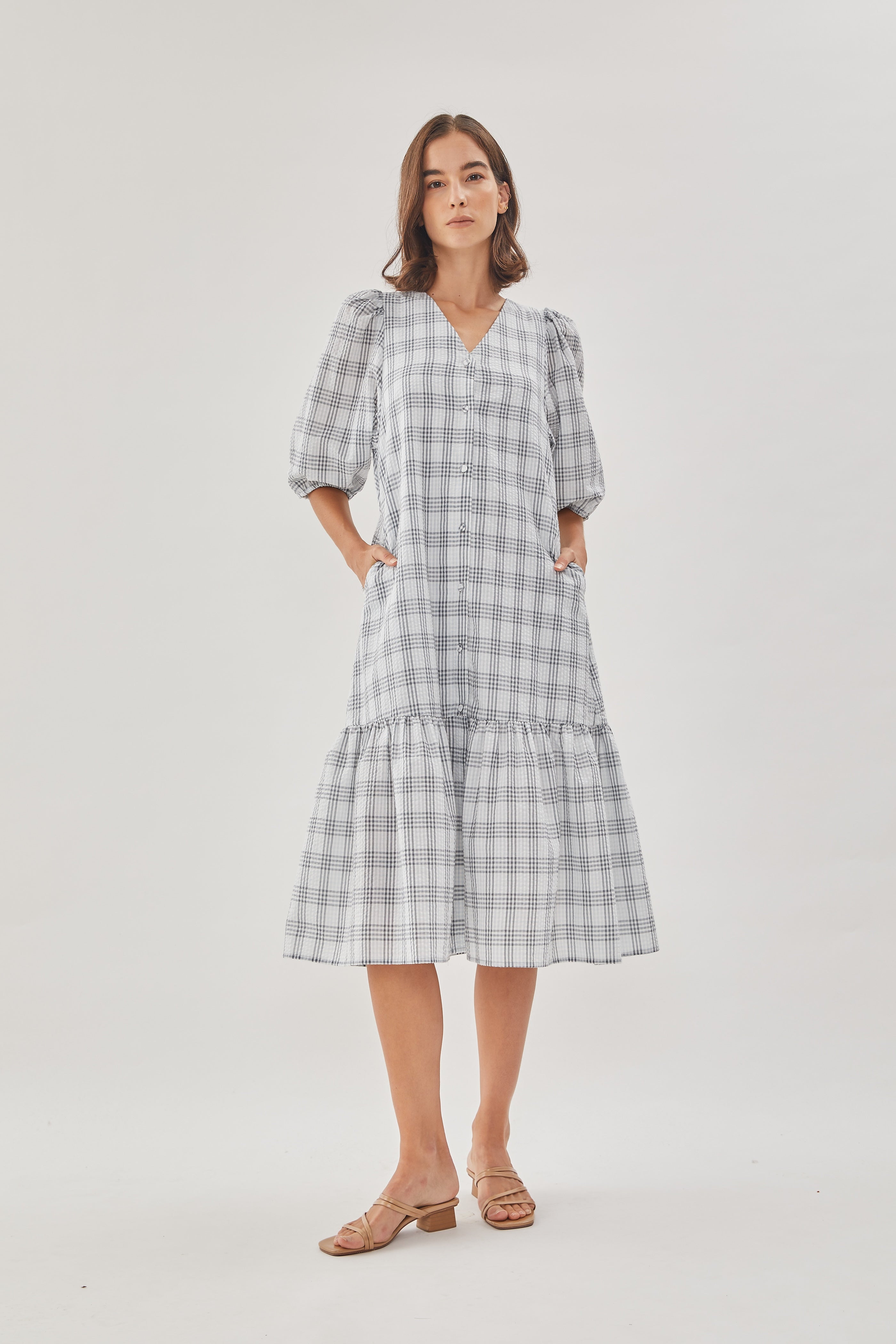 Seersucker Tiered Midi Dress in Mist