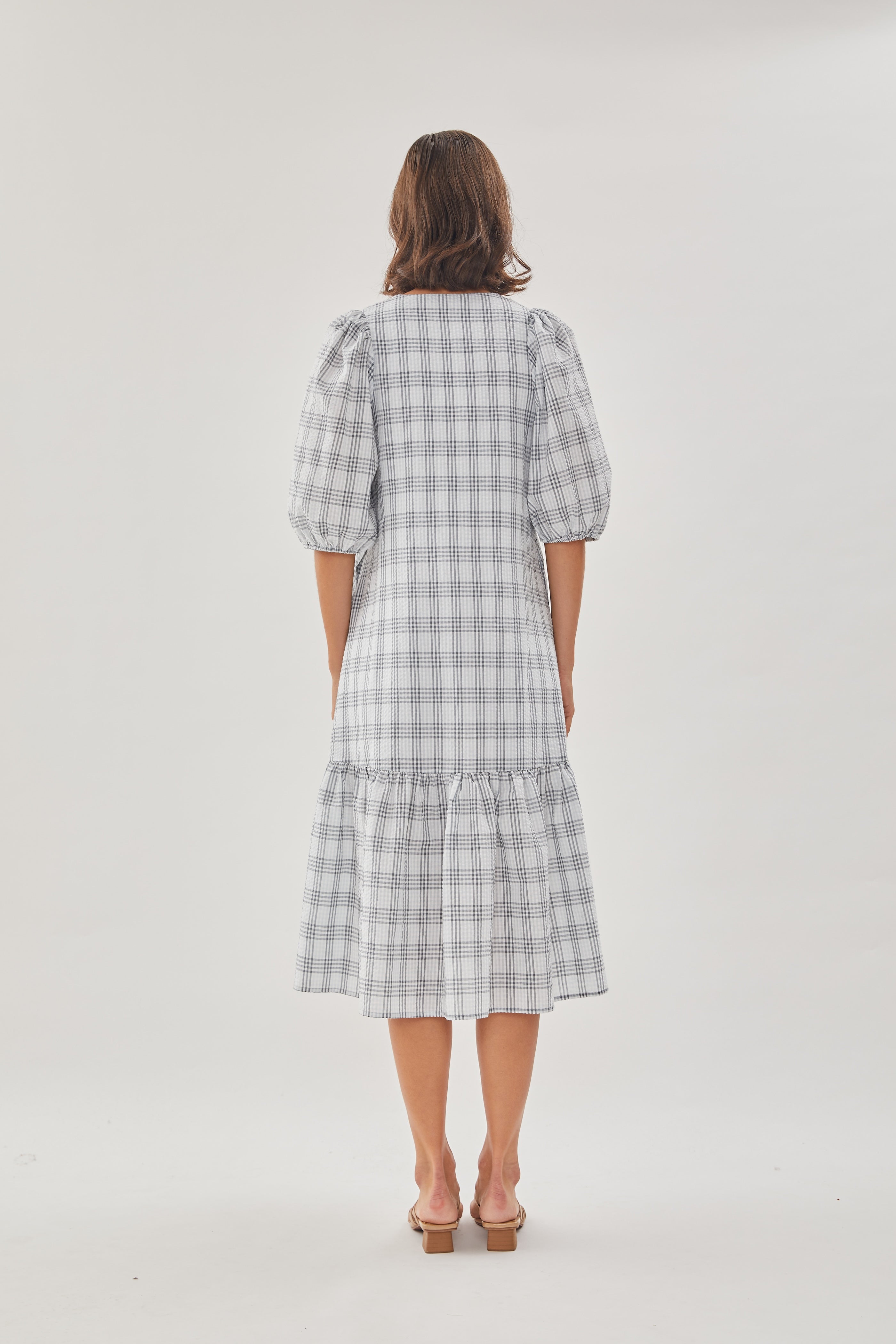 Seersucker Tiered Midi Dress in Mist
