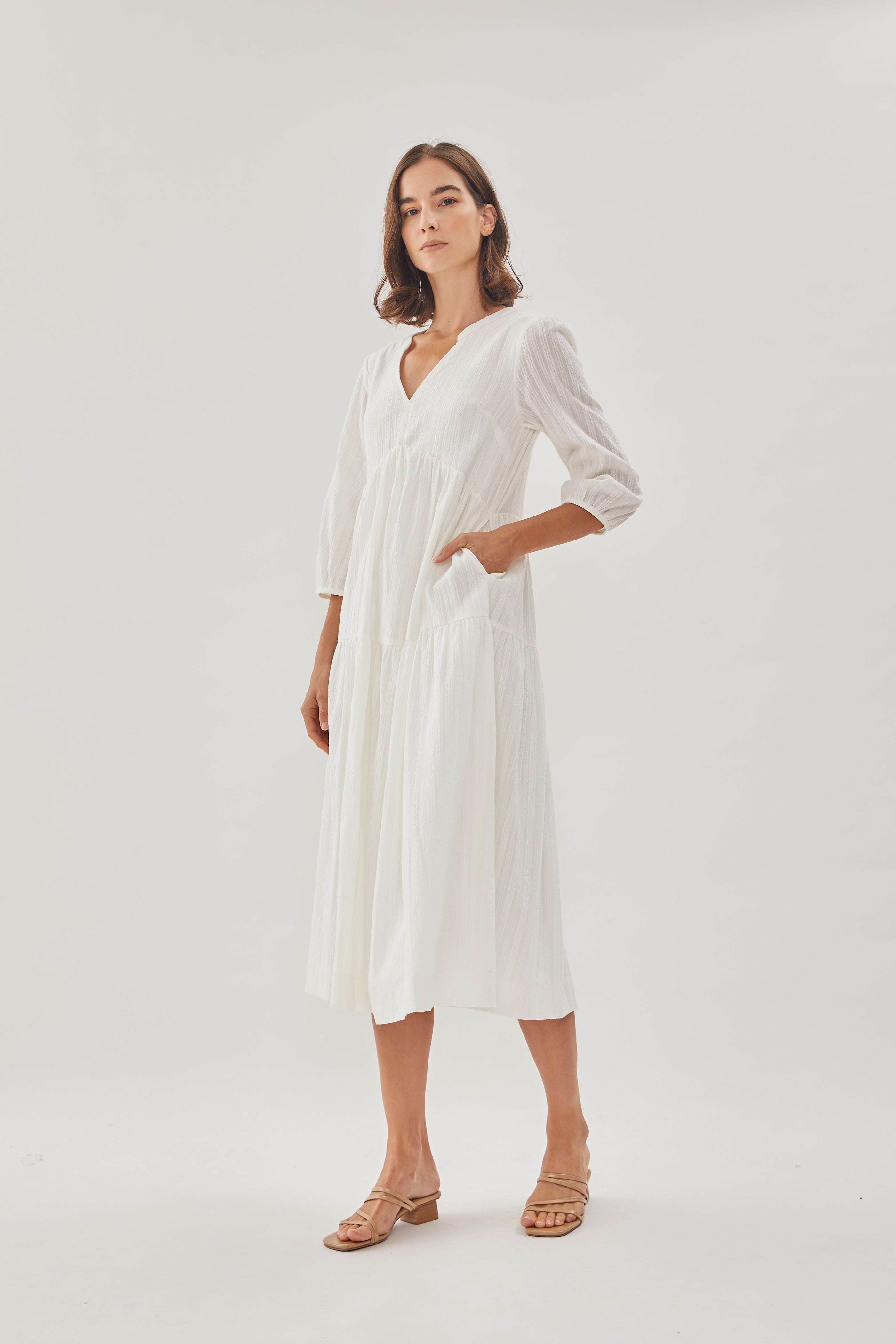 Embroidered Midi Dress in White