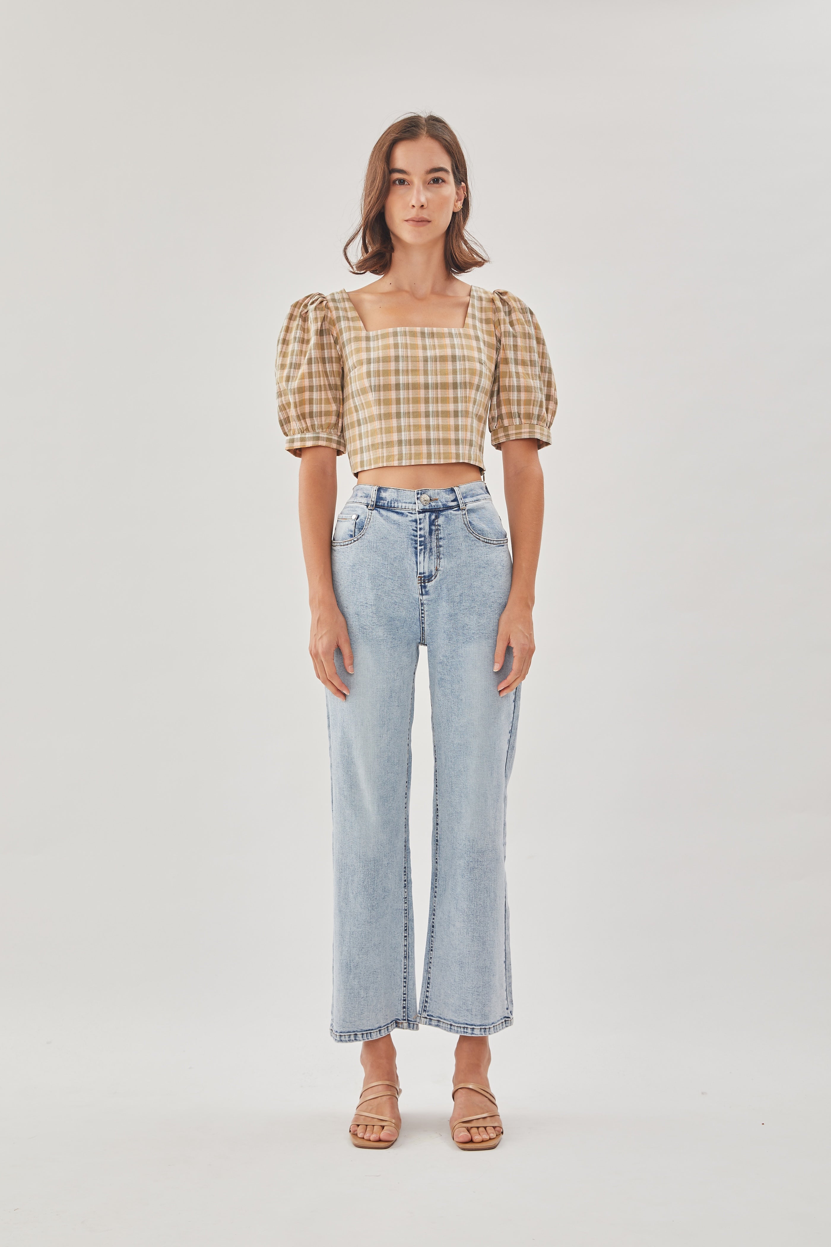 Puff Sleeves Gingham Top in Forest