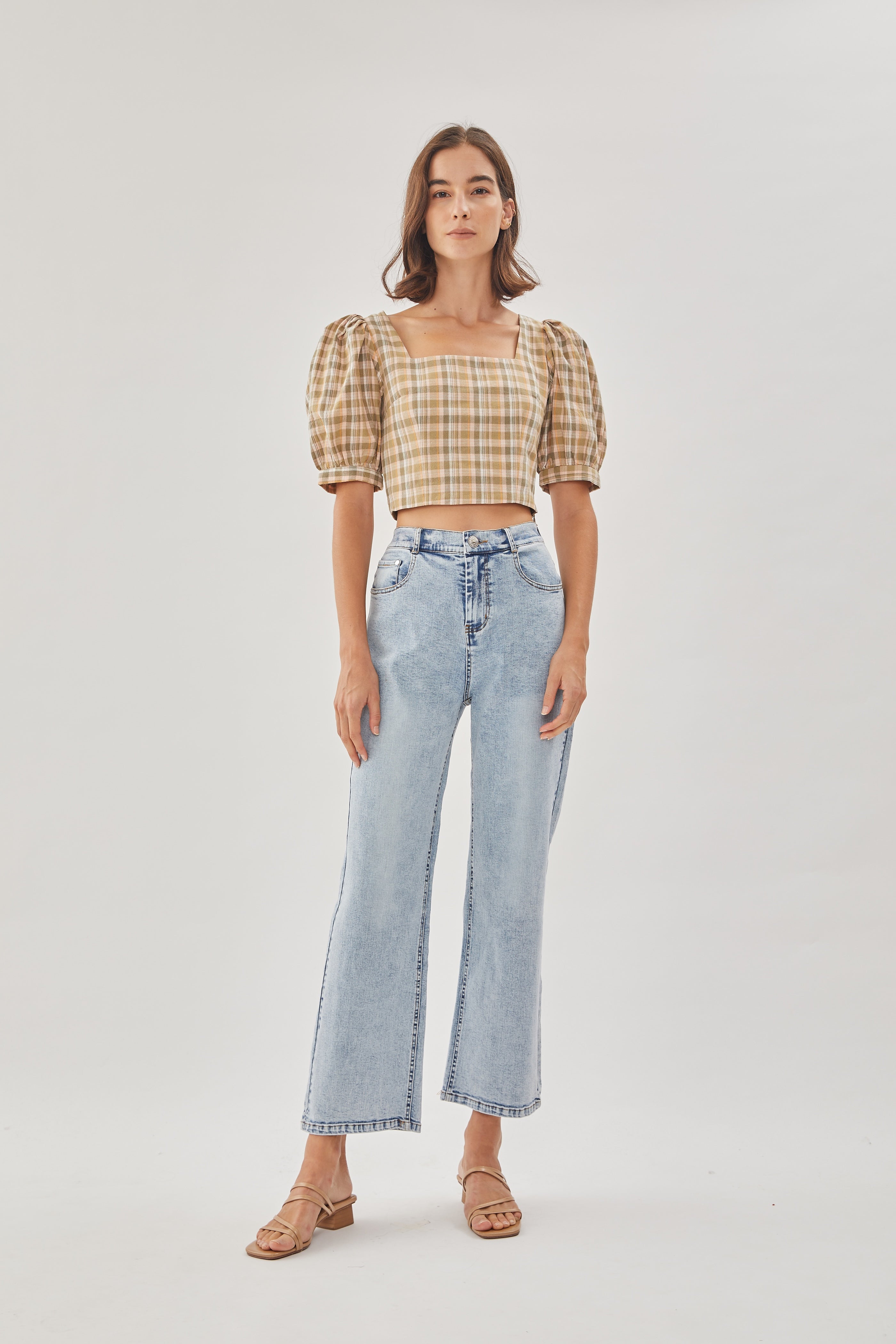 Puff Sleeves Gingham Top in Forest