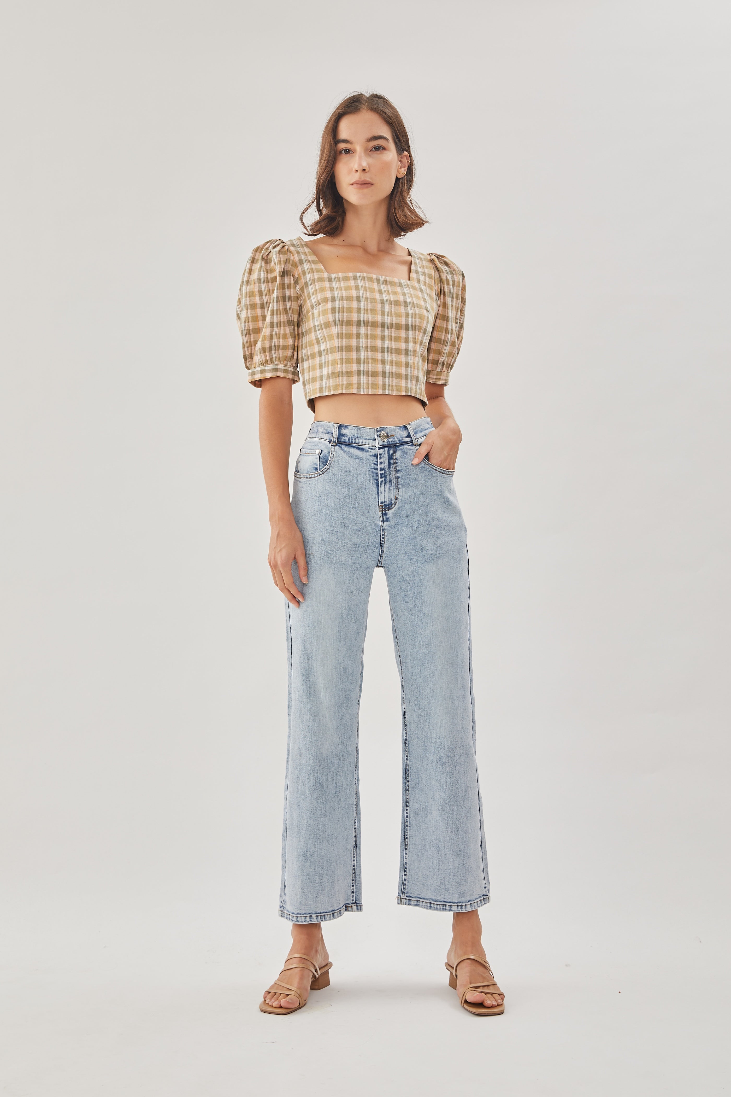 Puff Sleeves Gingham Top in Forest