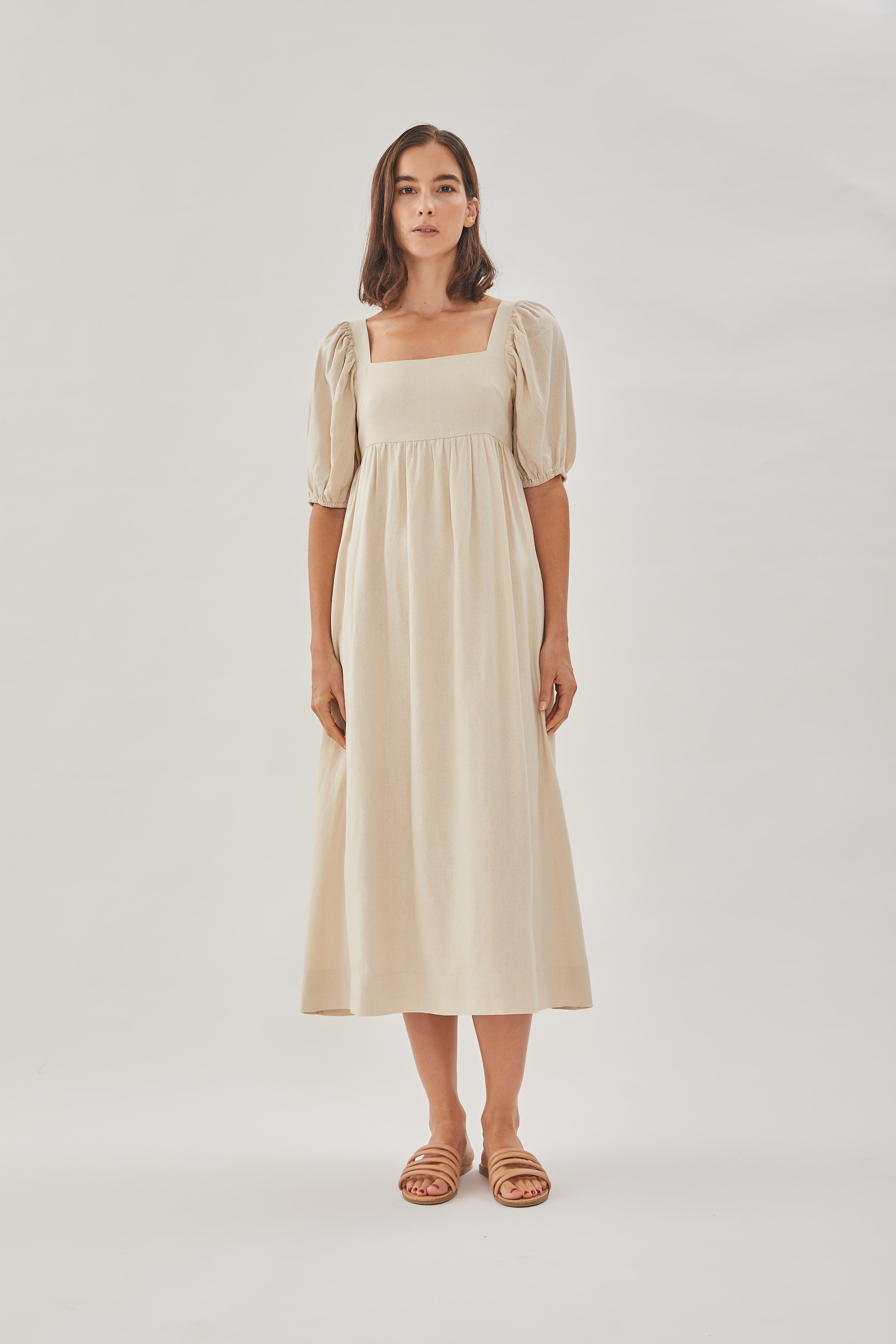 Midi Dress with Puffed Sleeves in Oatmeal