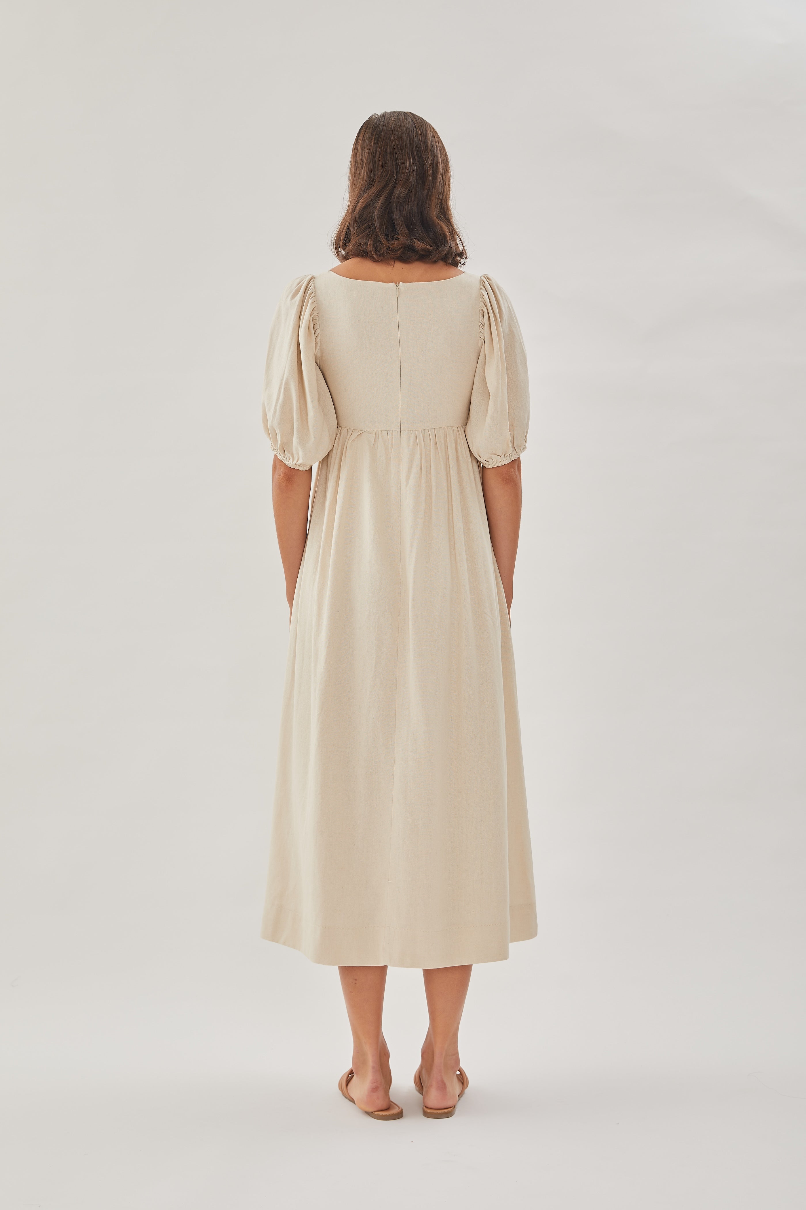 Midi Dress with Puffed Sleeves in Oatmeal