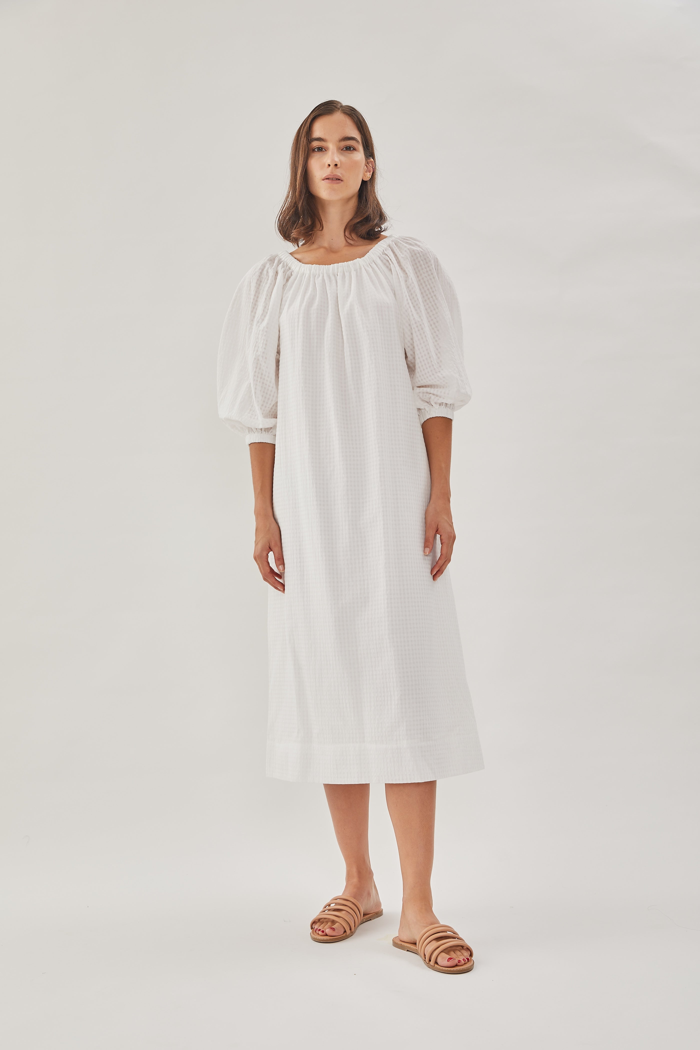 Gathered Midi Dress in White
