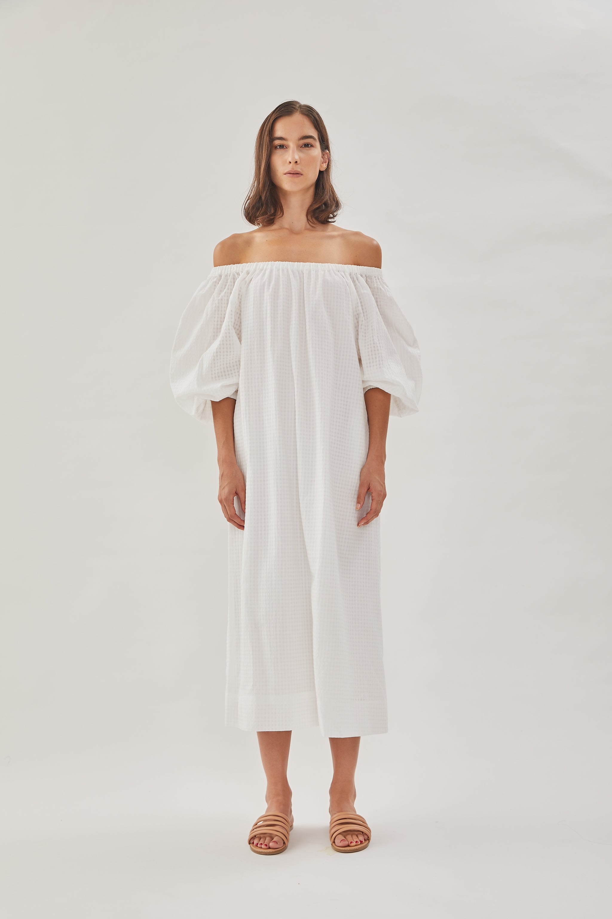 white balloon sleeve gathered skirt midi shirt dress Gathered Midi Dress in White
