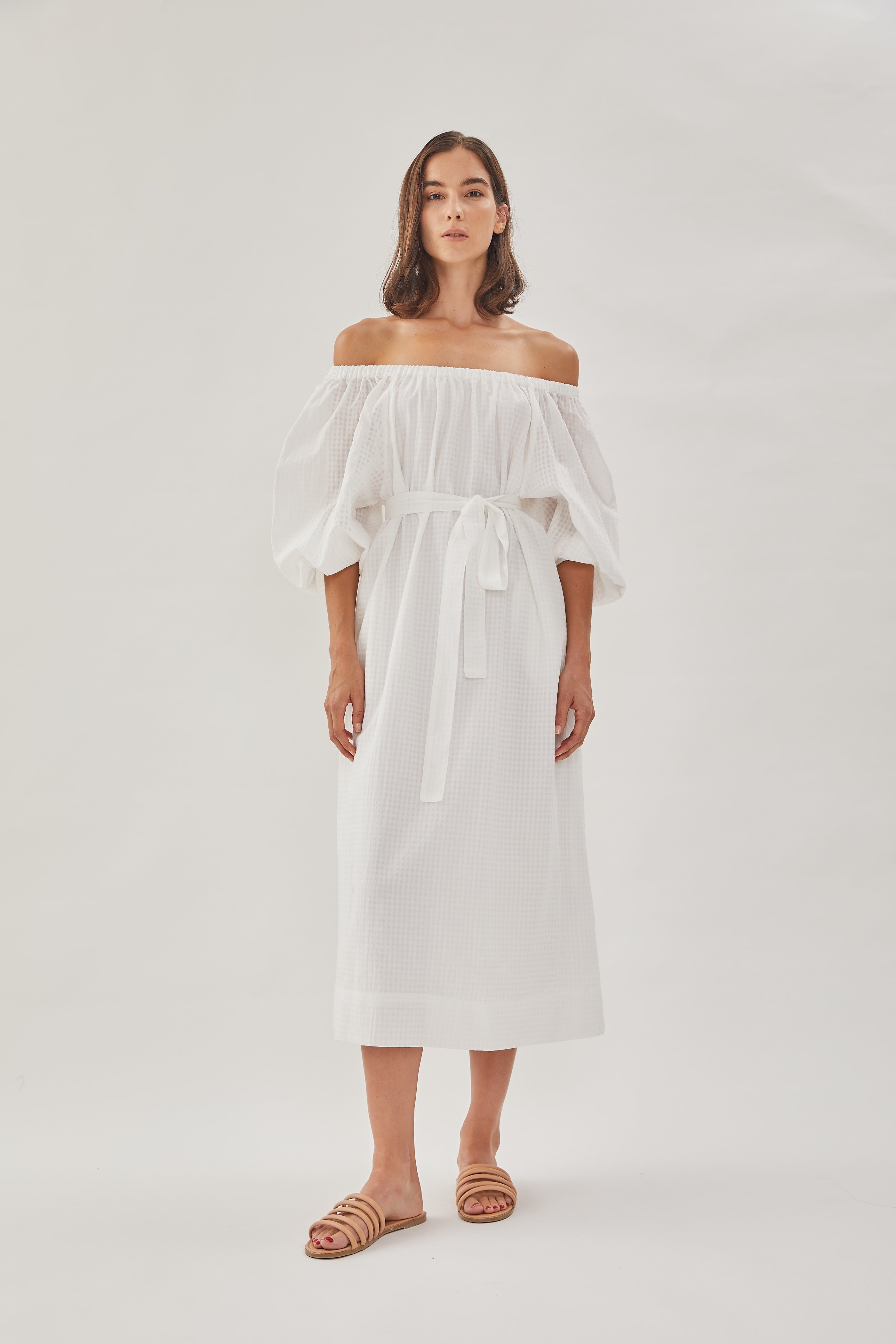 Gathered Midi Dress in White