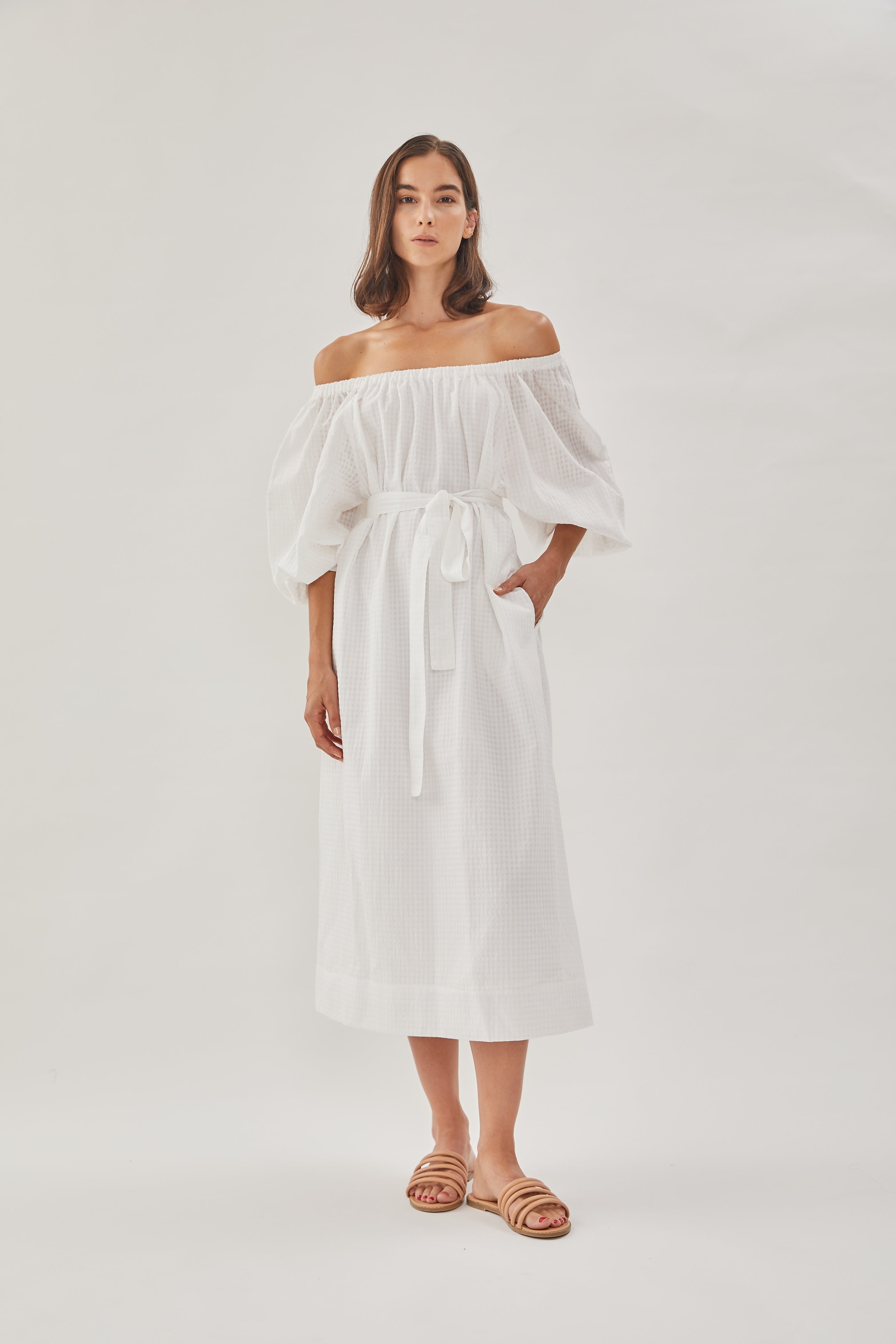 Gathered Midi Dress in White