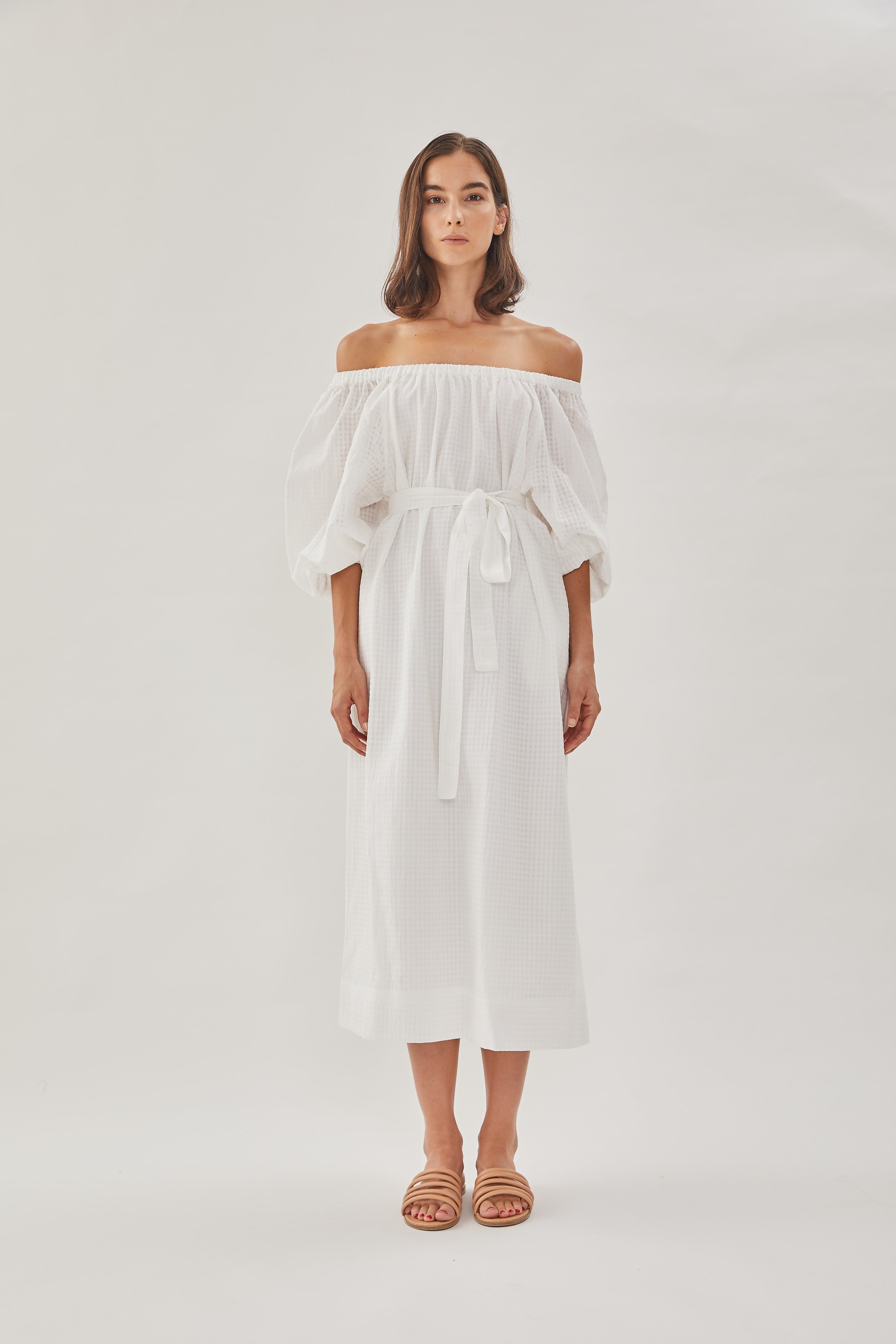 Gathered Midi Dress in White