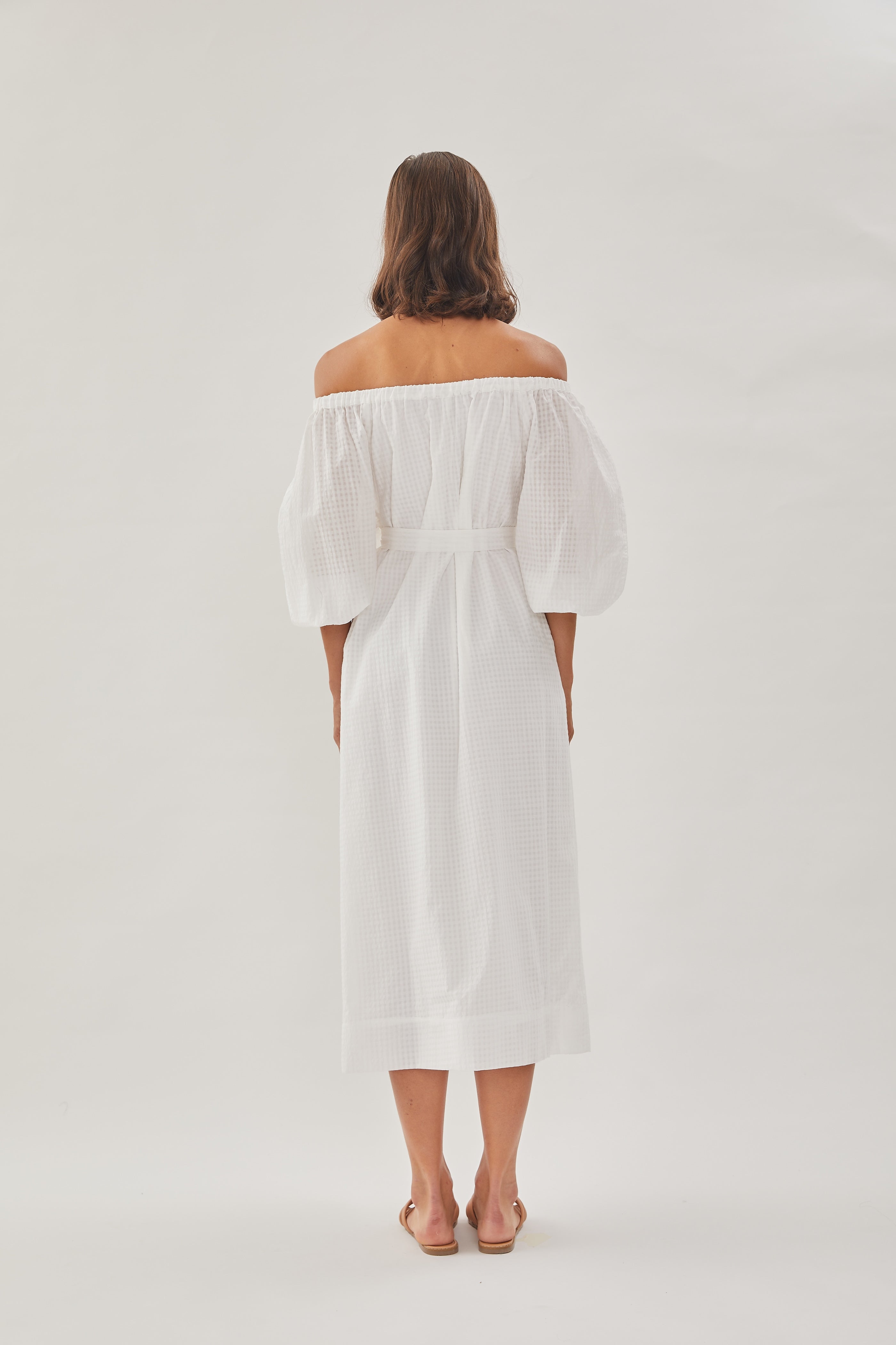 Gathered Midi Dress in White