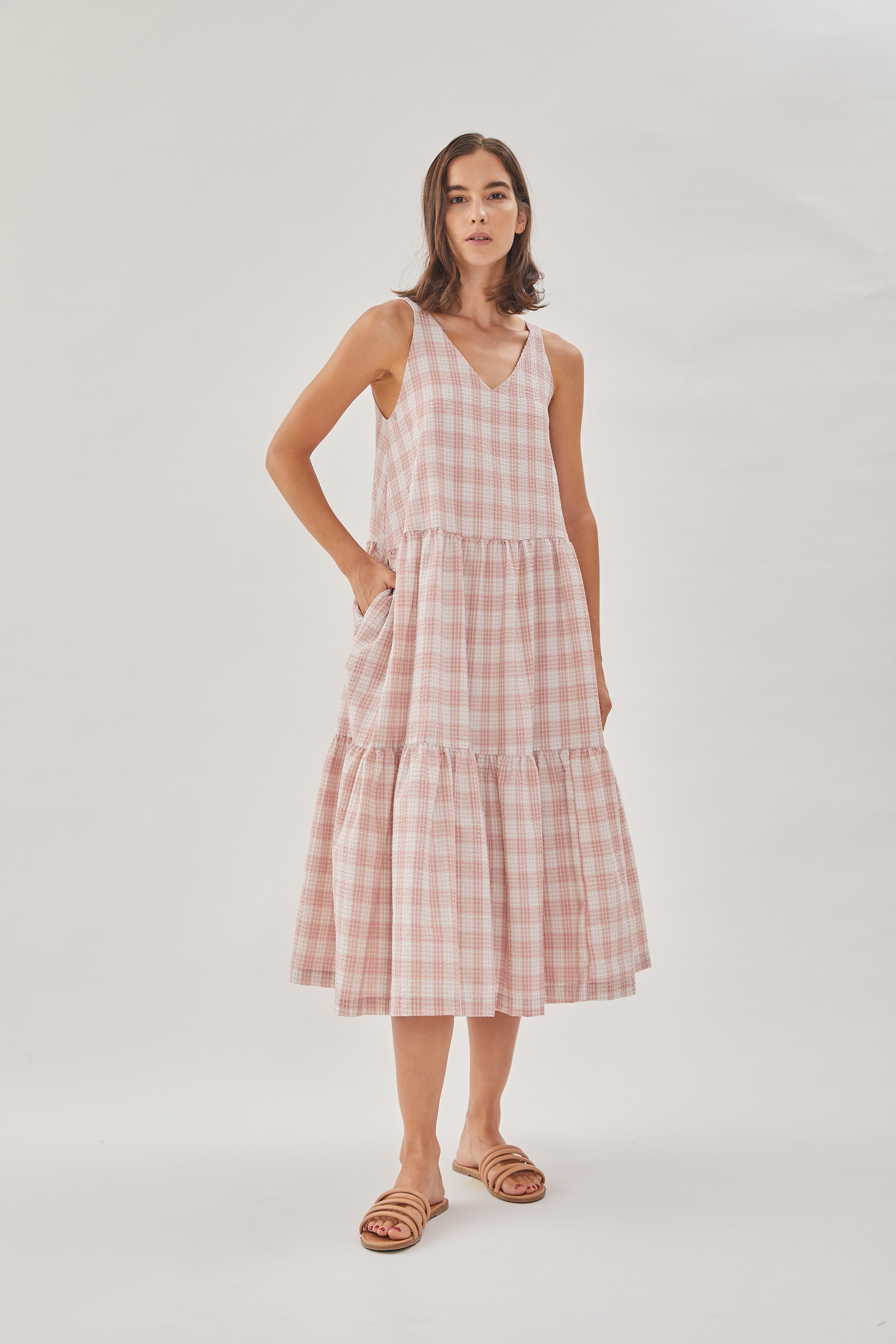 Sleeveless Seersucker Tiered Dress in Shell Pink