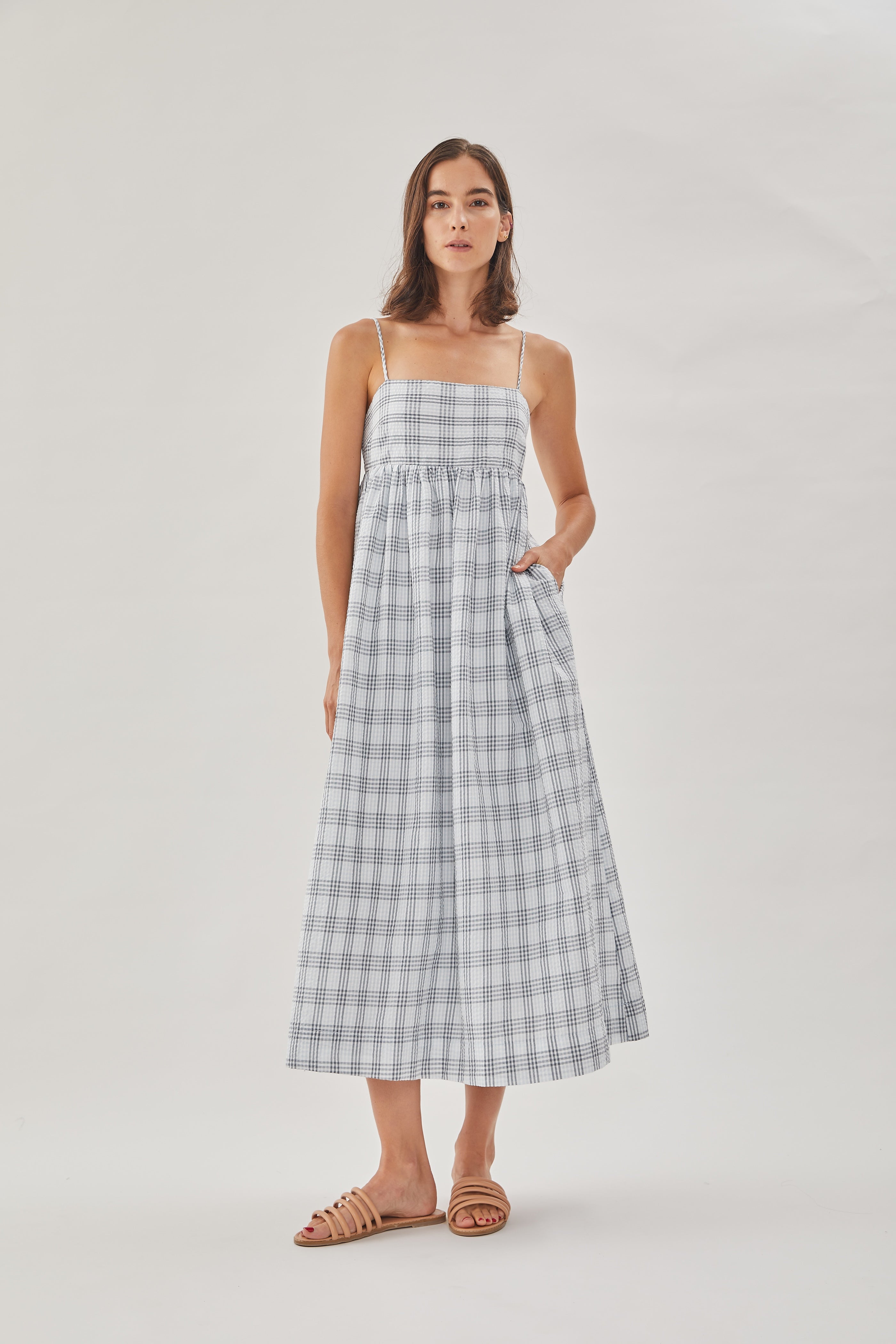 Seersucker Cami Midi Dress in Mist