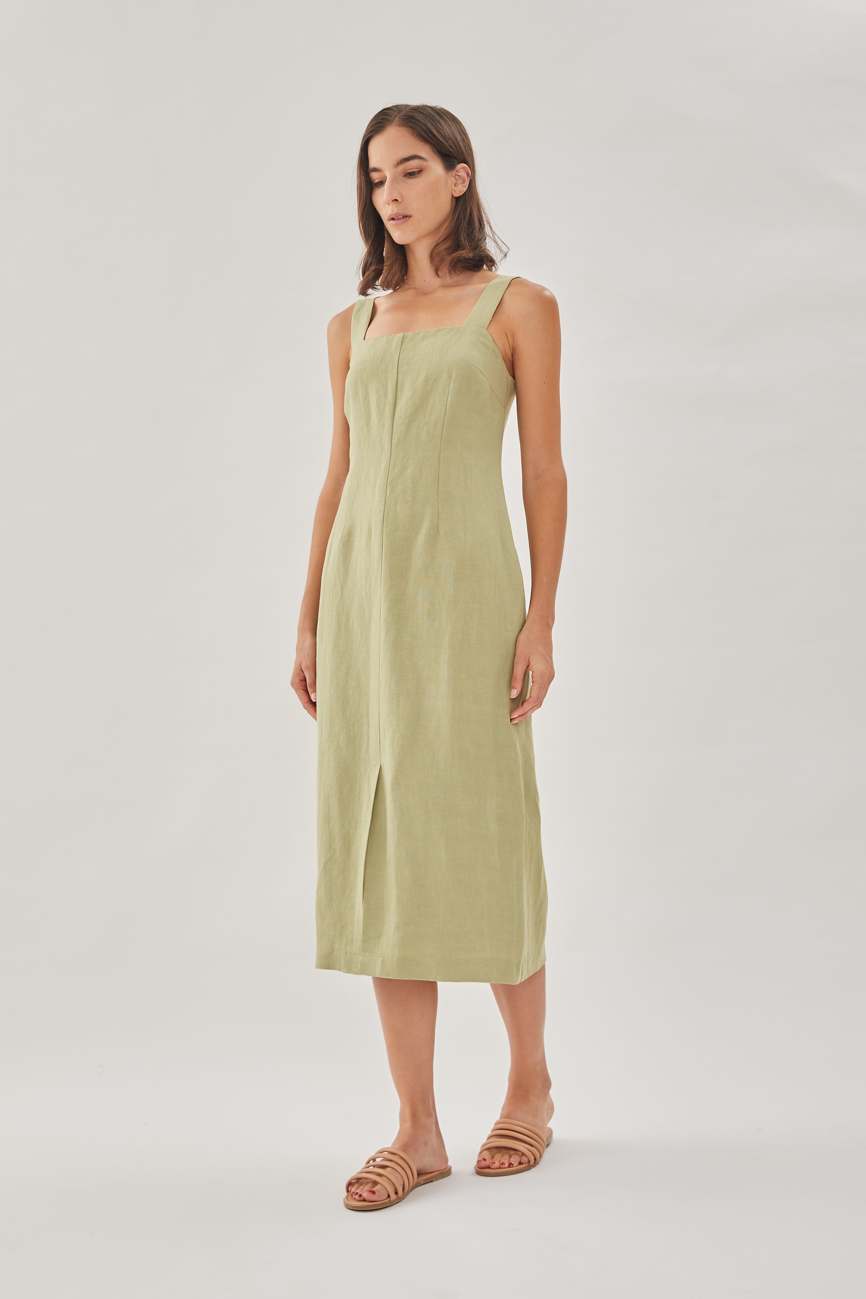 Square Neck Sleeveless Midi Dress in Moss