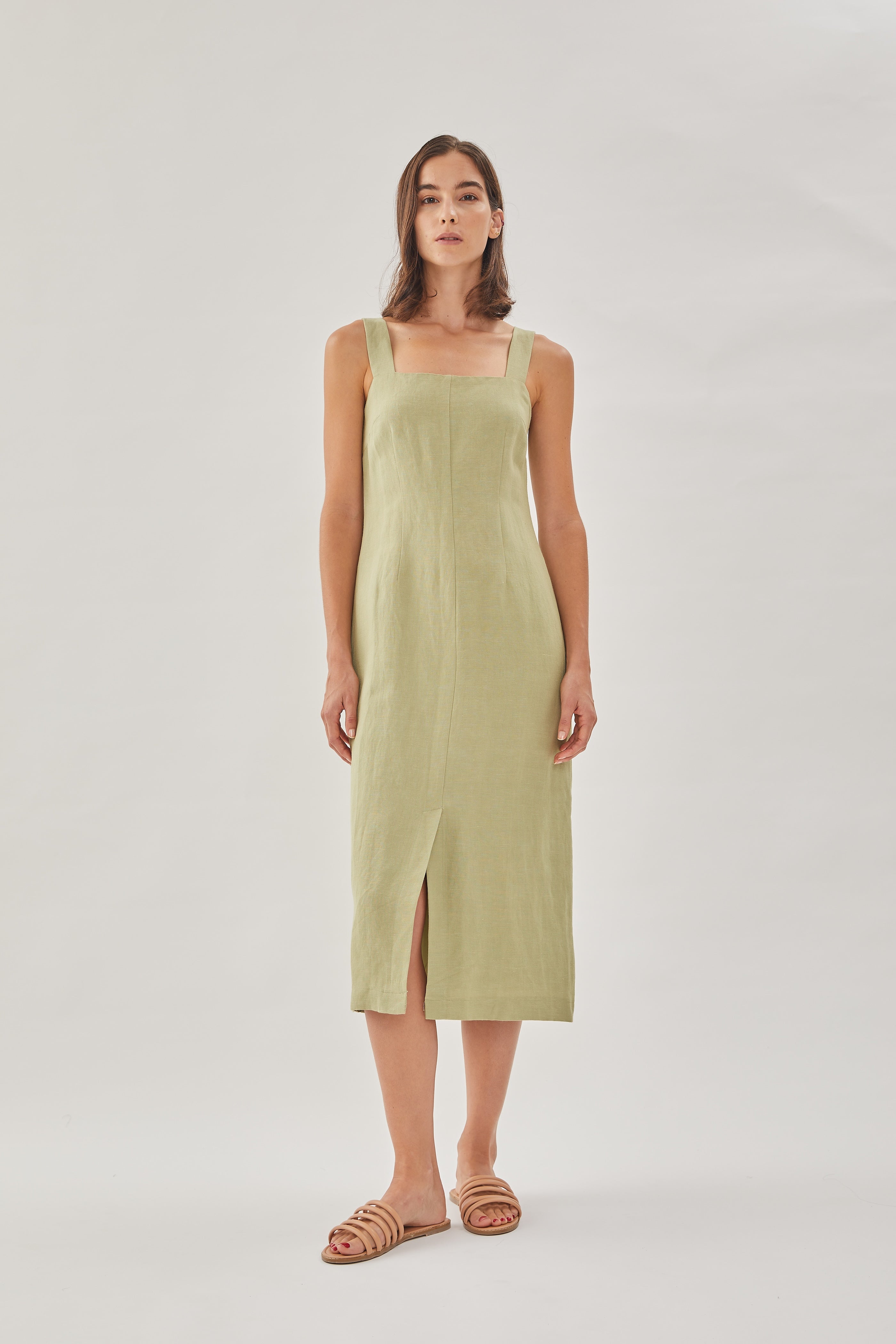 Square Neck Sleeveless Midi Dress in Moss