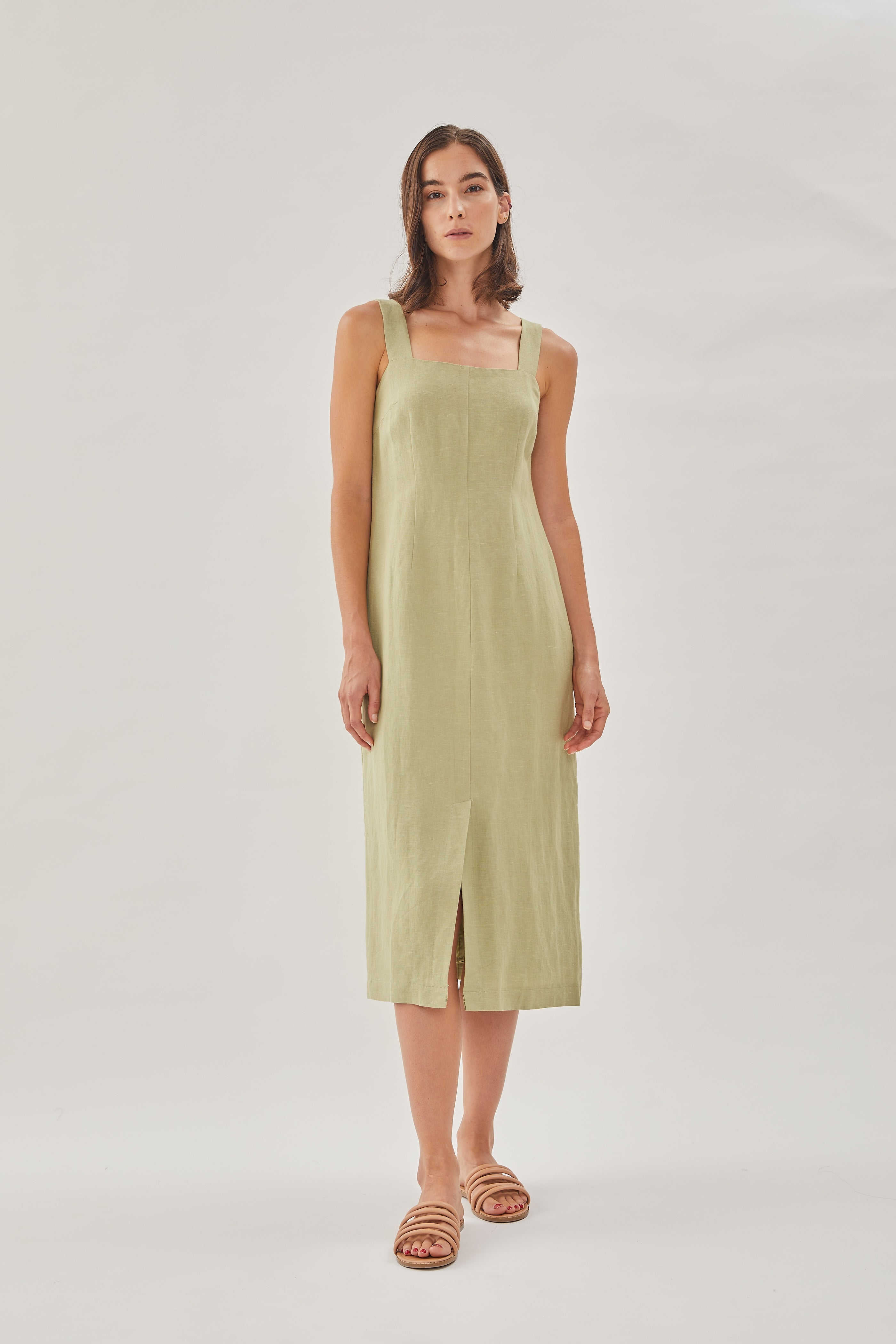Square Neck Sleeveless Midi Dress in Moss
