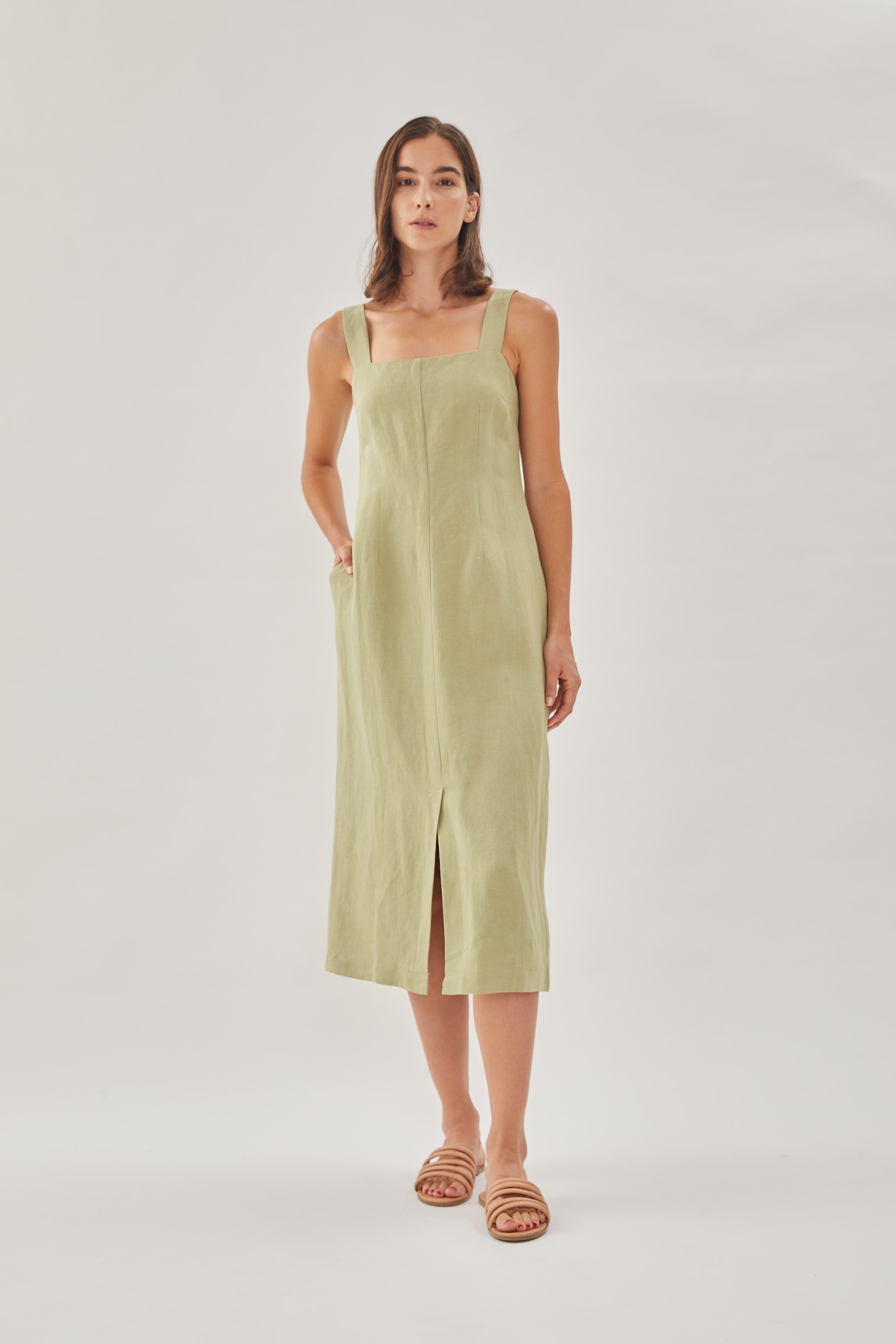 Square Neck Sleeveless Midi Dress in Moss