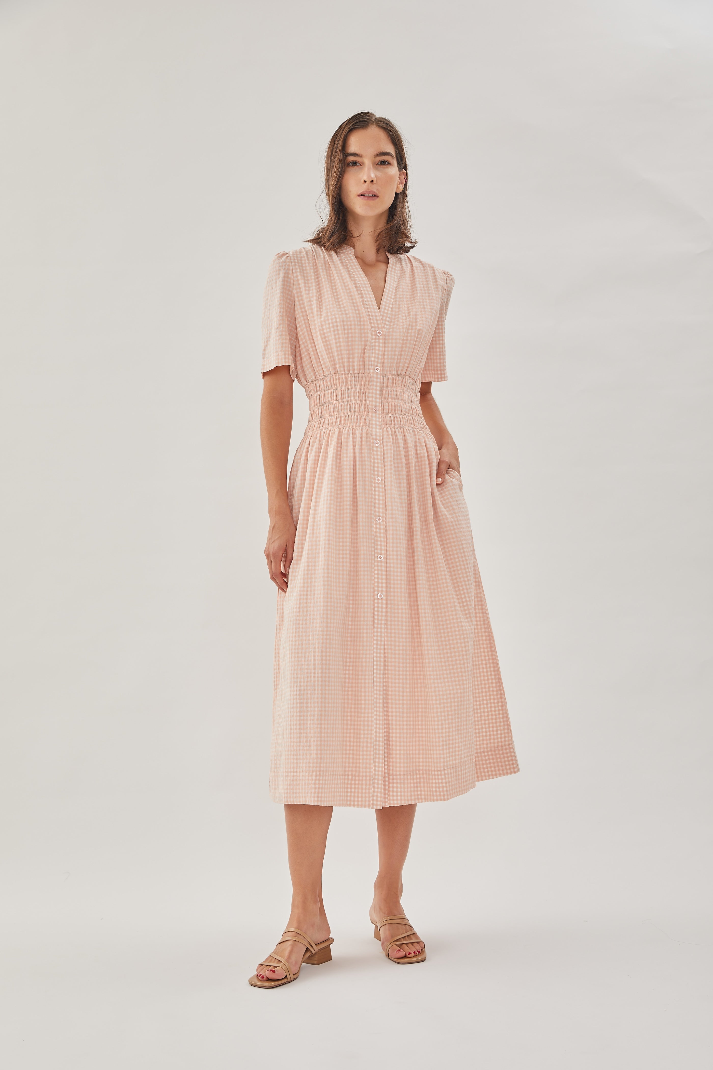 Shirred Shirt Dress in Peach