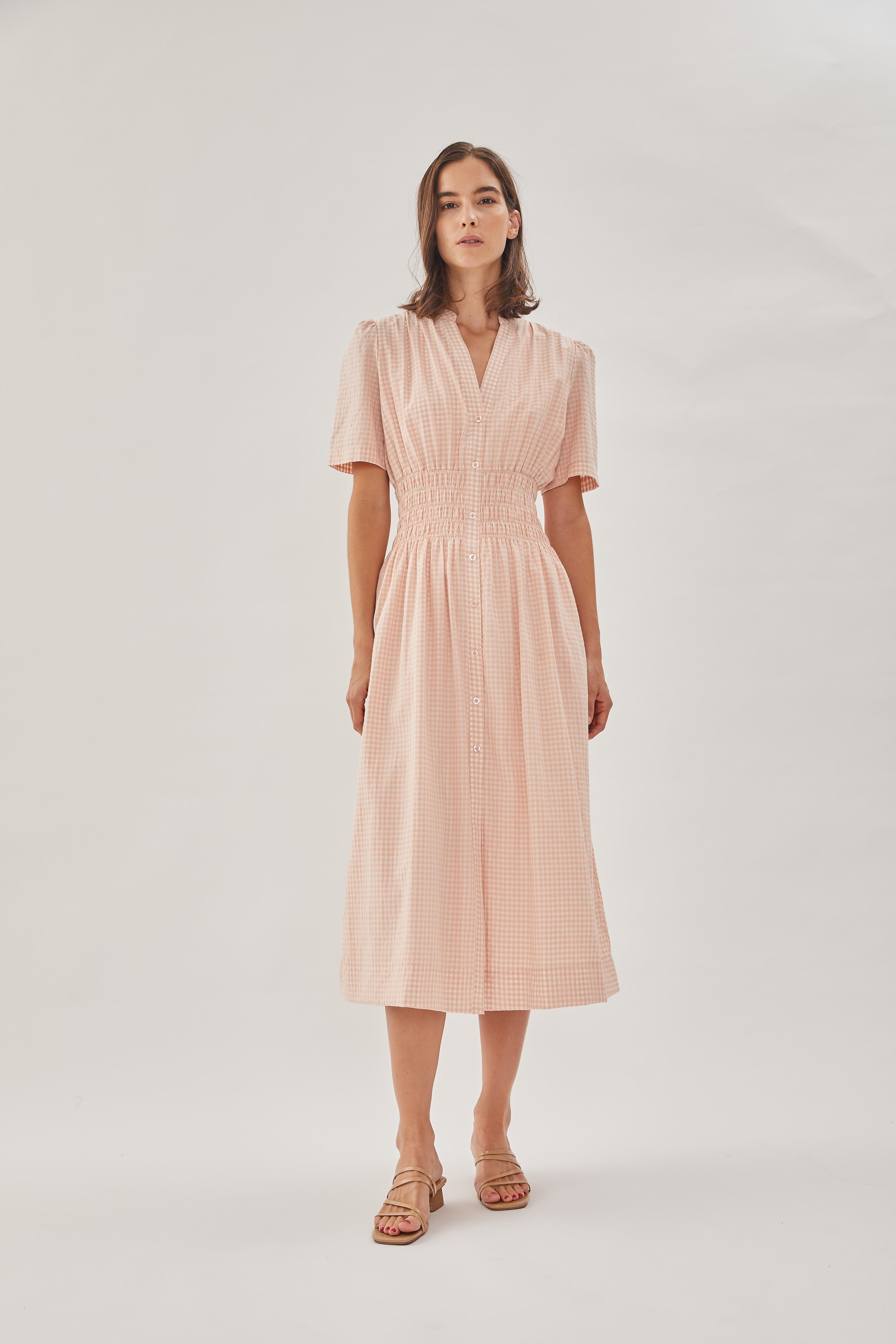 Shirred Shirt Dress in Peach