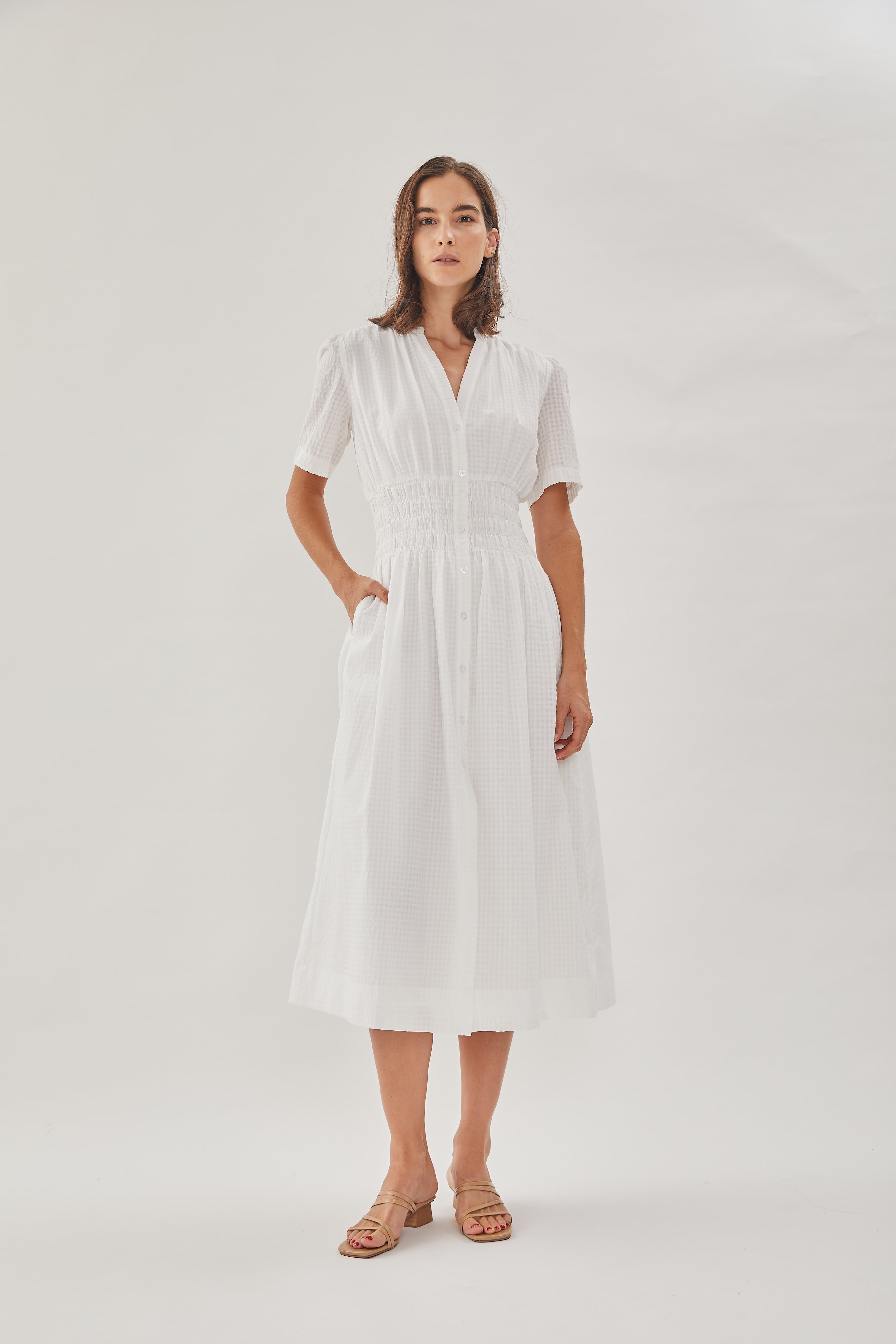 Shirred Shirt Dress in White