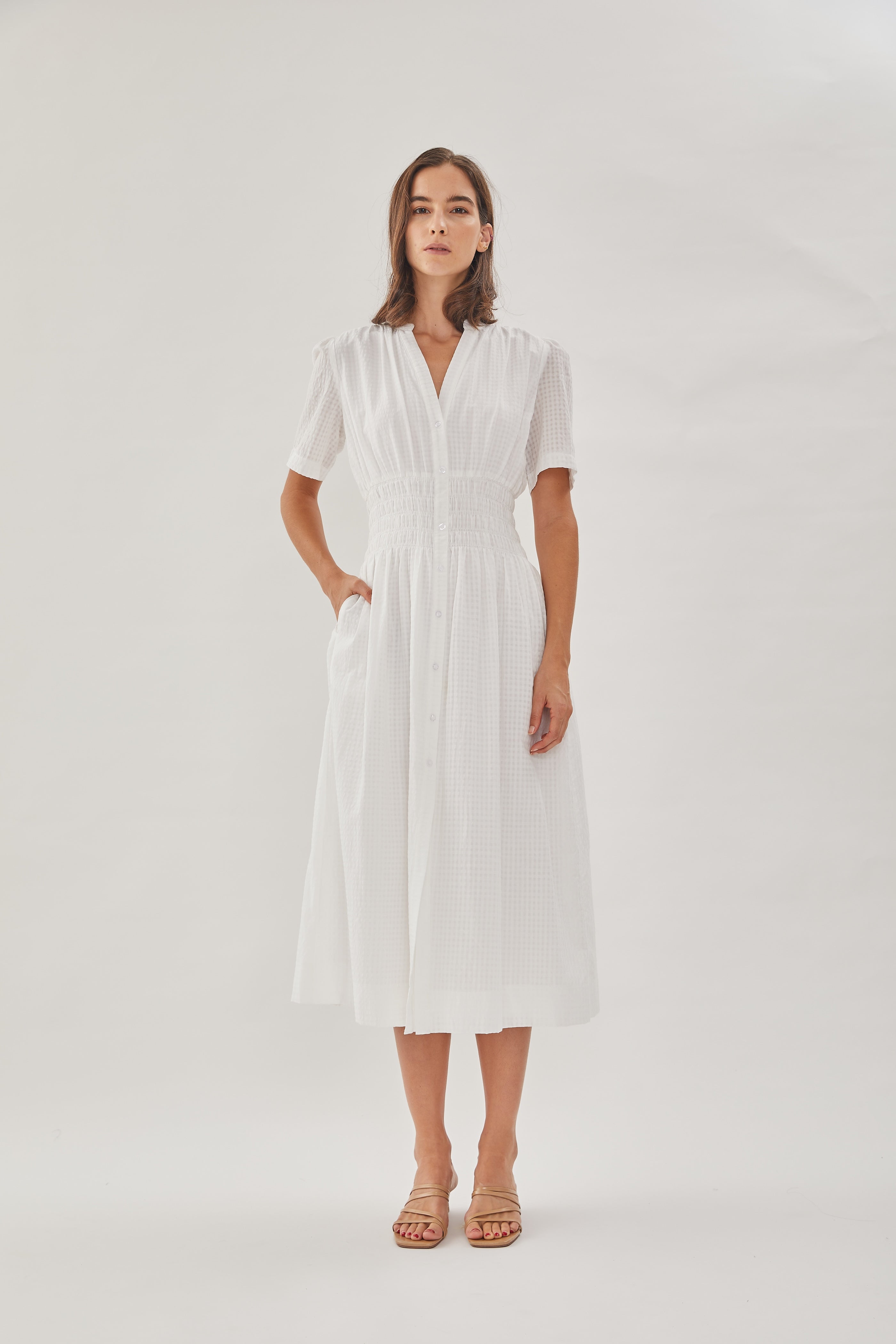 Shirred Shirt Dress in White