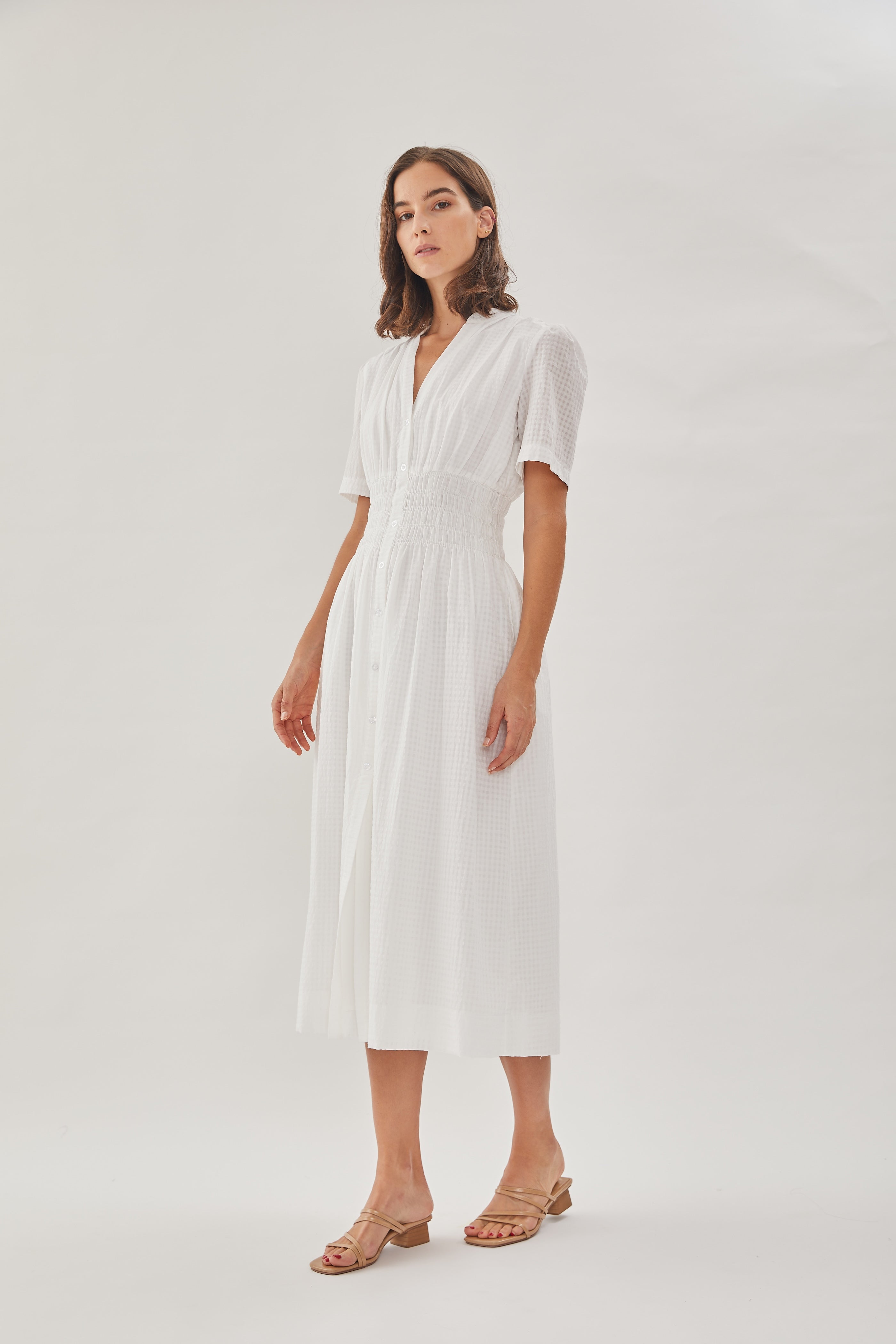 Shirred Shirt Dress in White