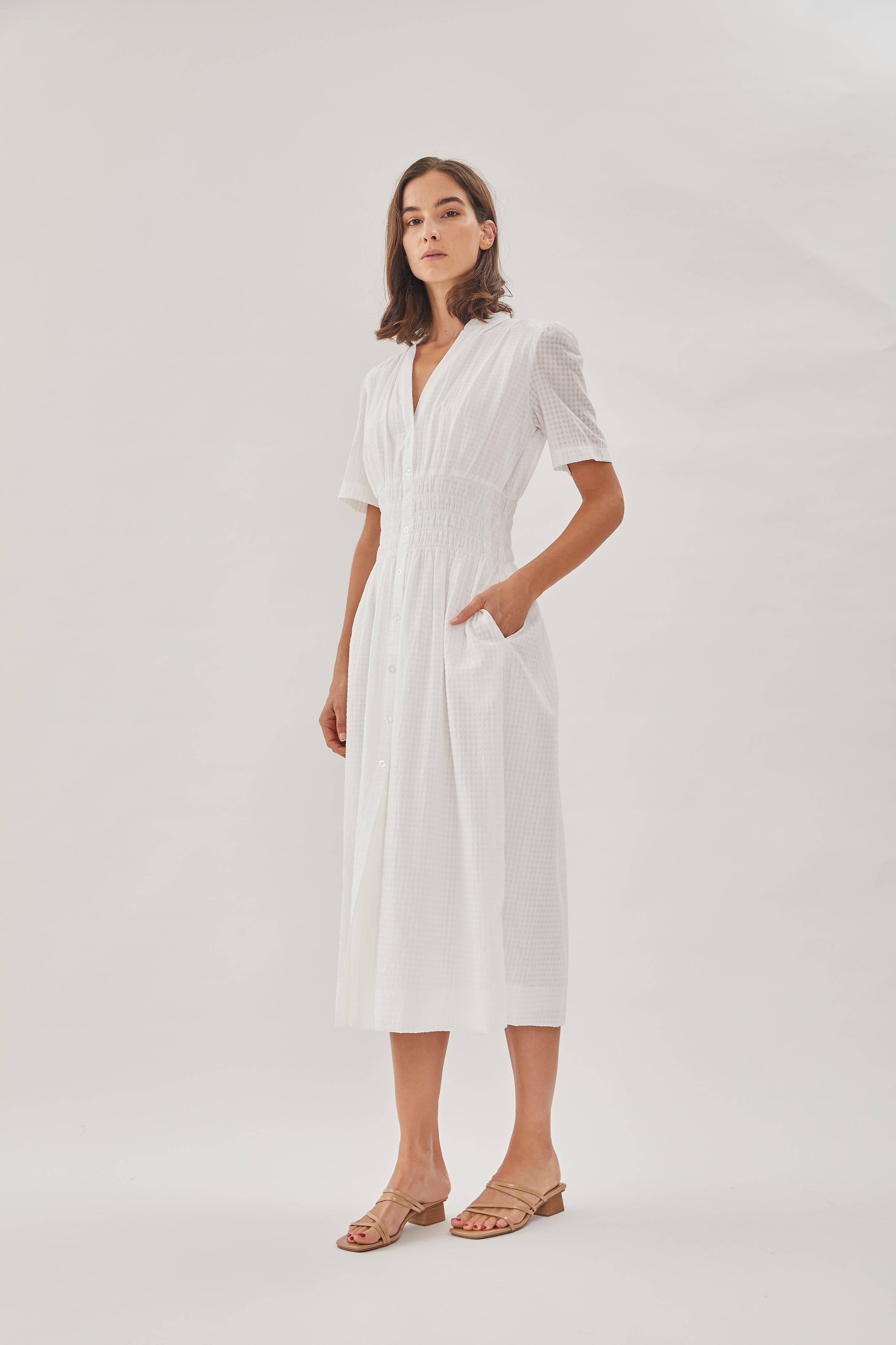 Shirred Shirt Dress in White