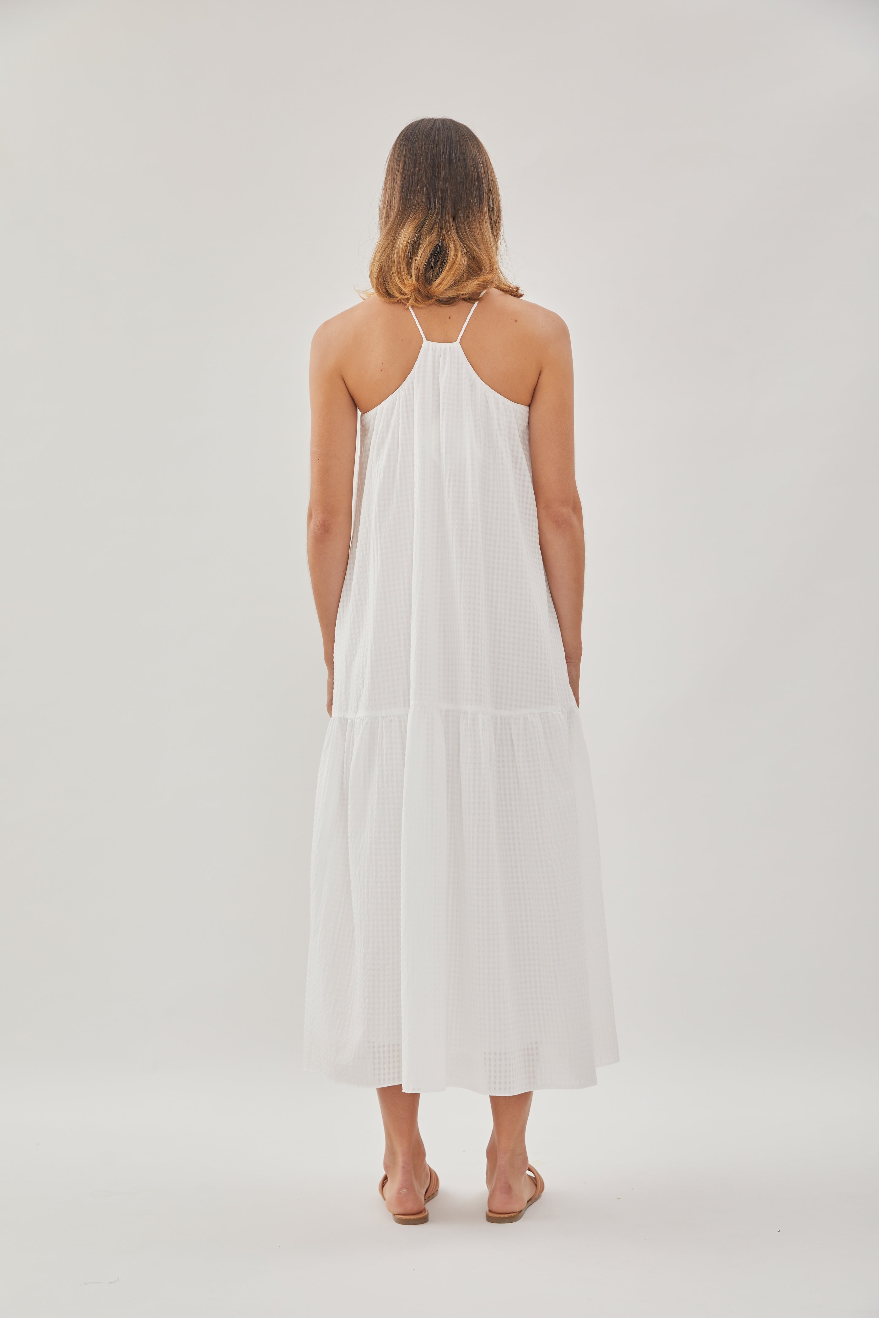 Gathered Halter Tiered Dress in Gingham White