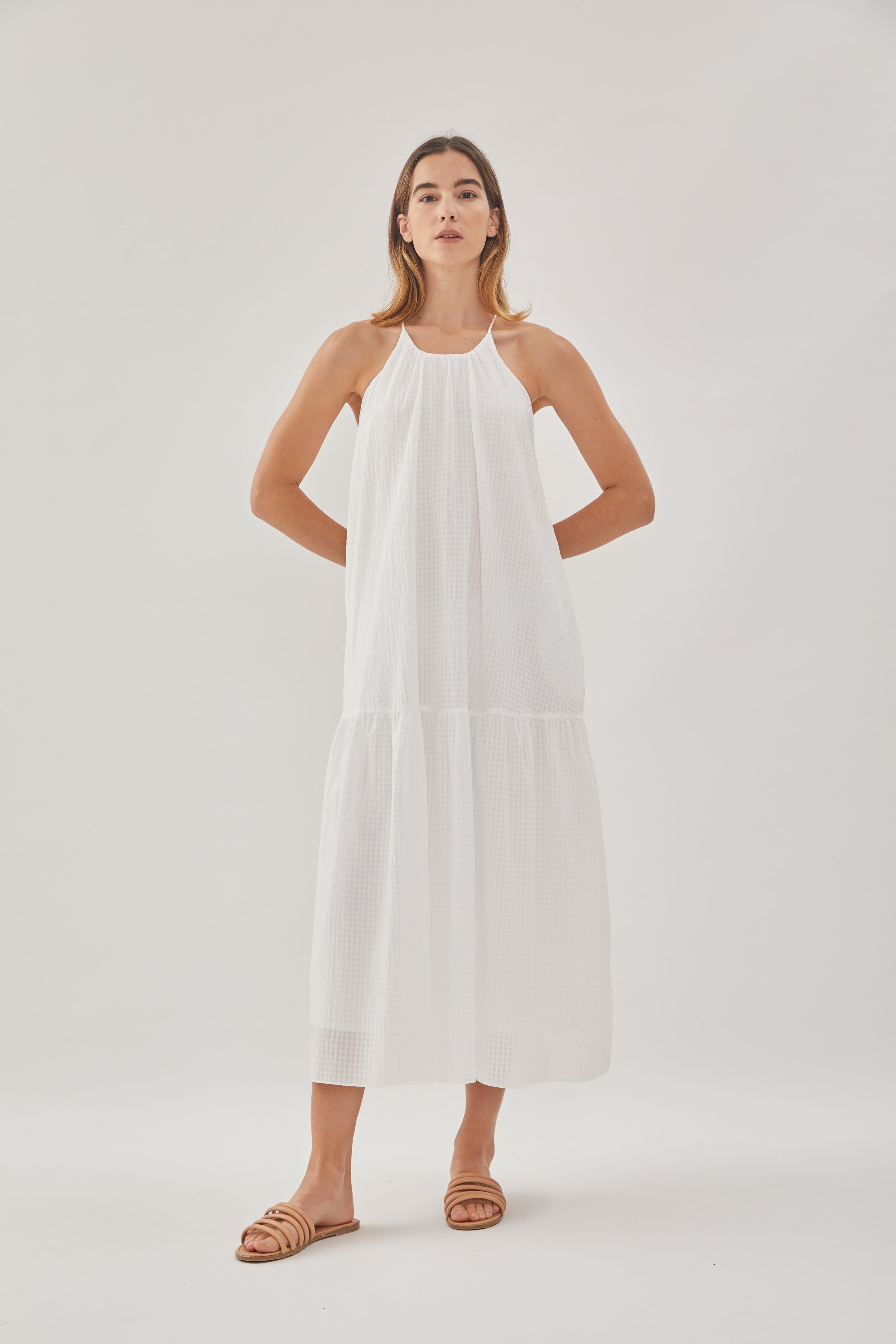 Gathered Halter Tiered Dress in Gingham White