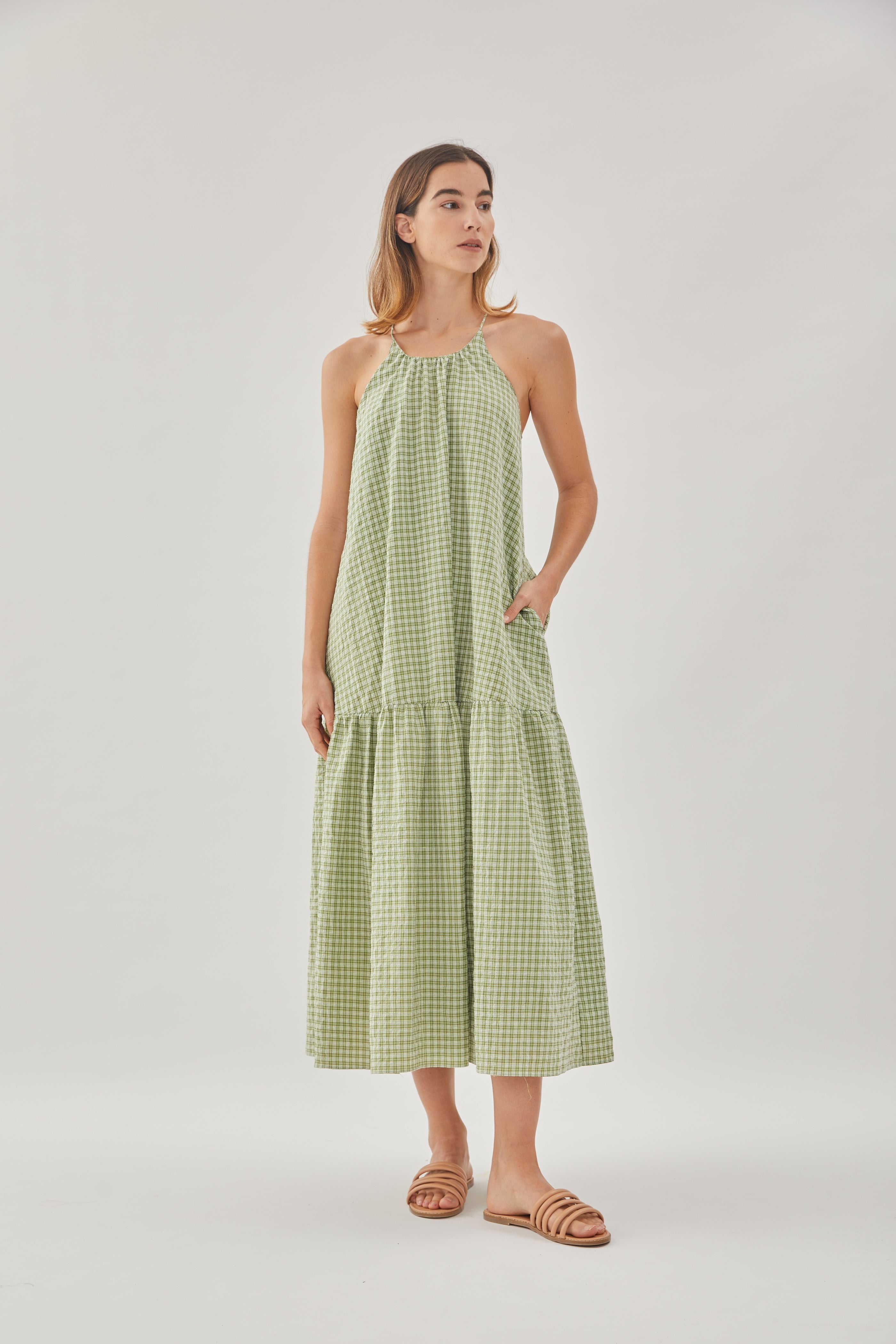 Gathered Halter Tiered Dress in Gingham Fern