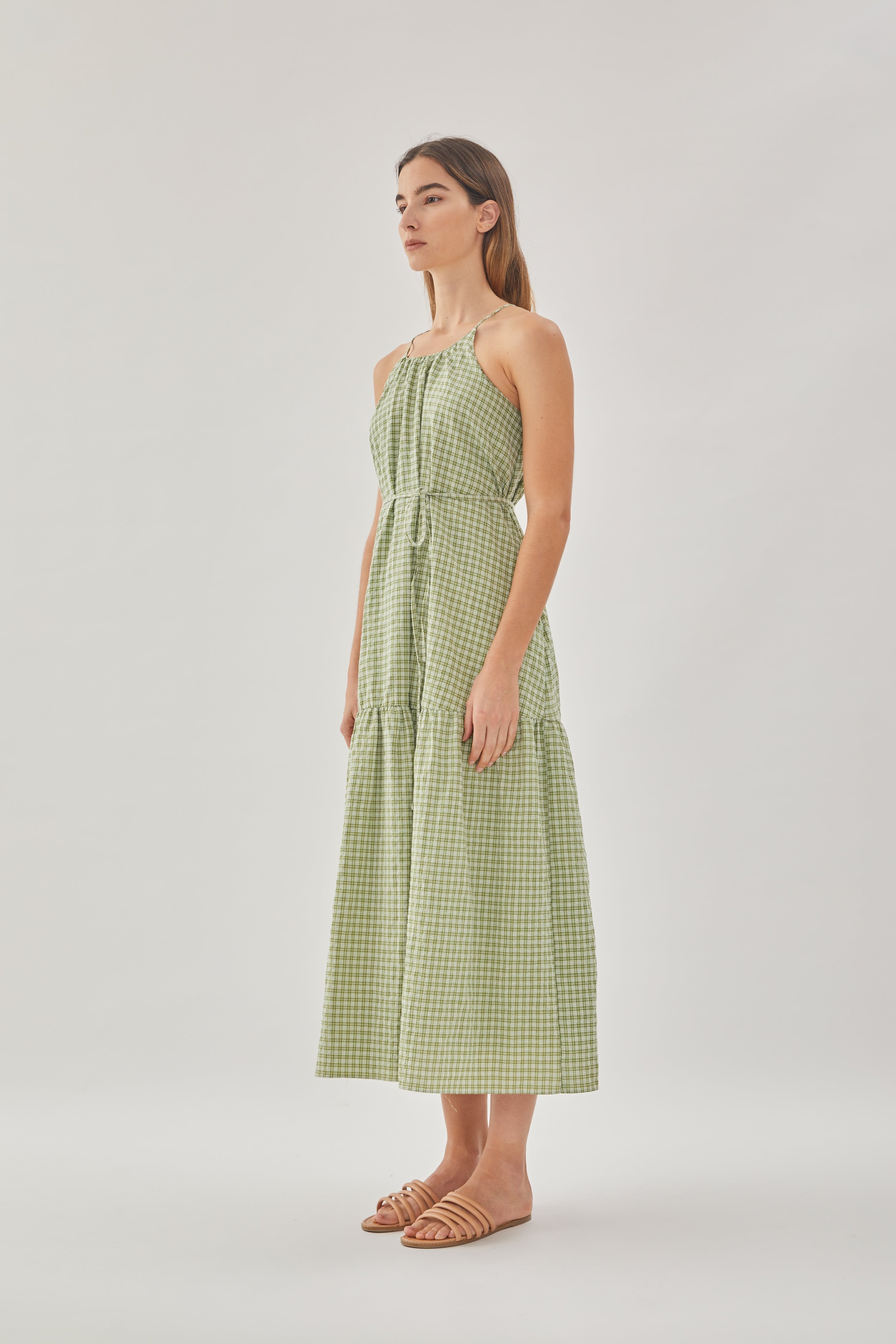 Gathered Halter Tiered Dress in Gingham Fern