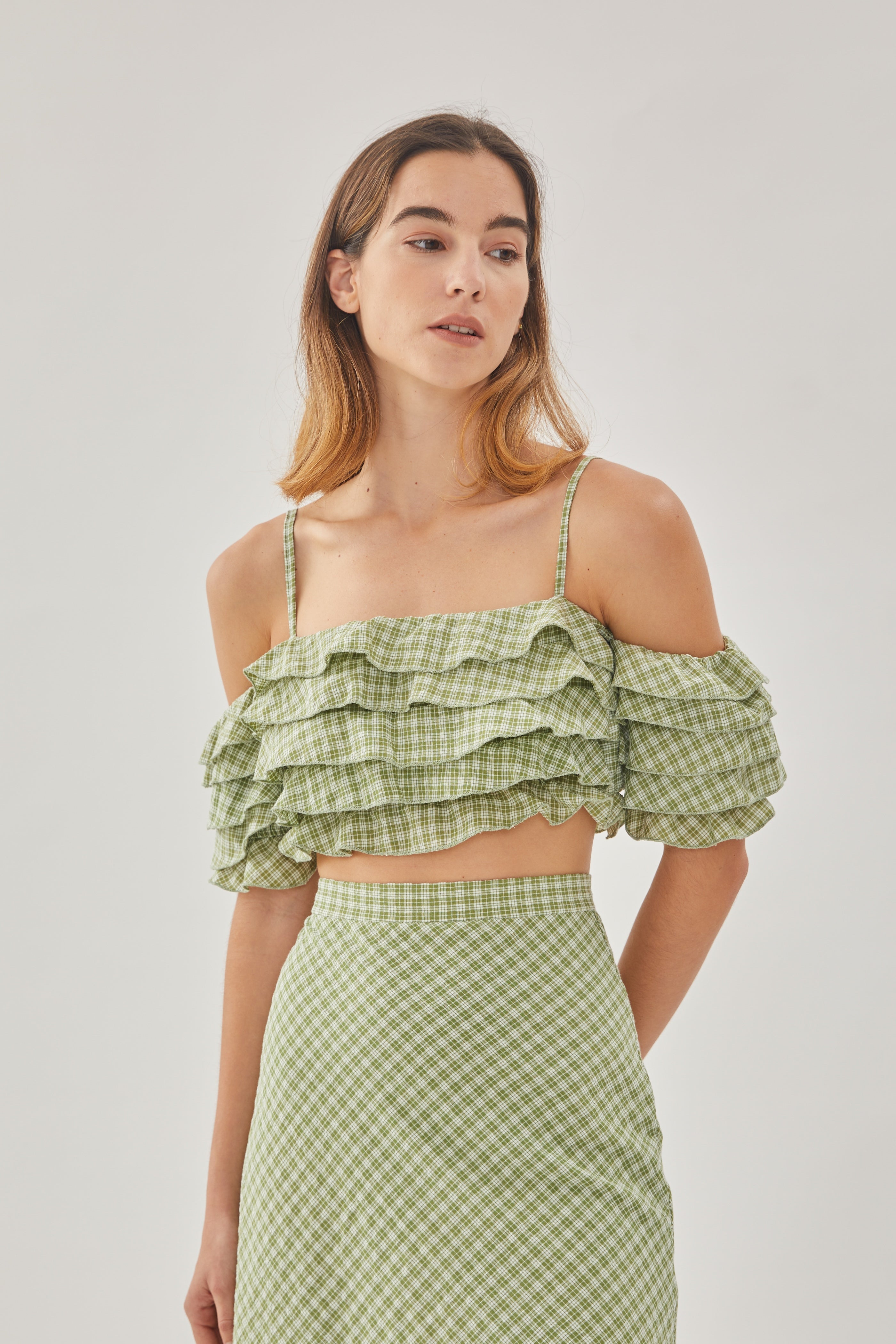 Cropped Ruffle Top in Gingham Fern