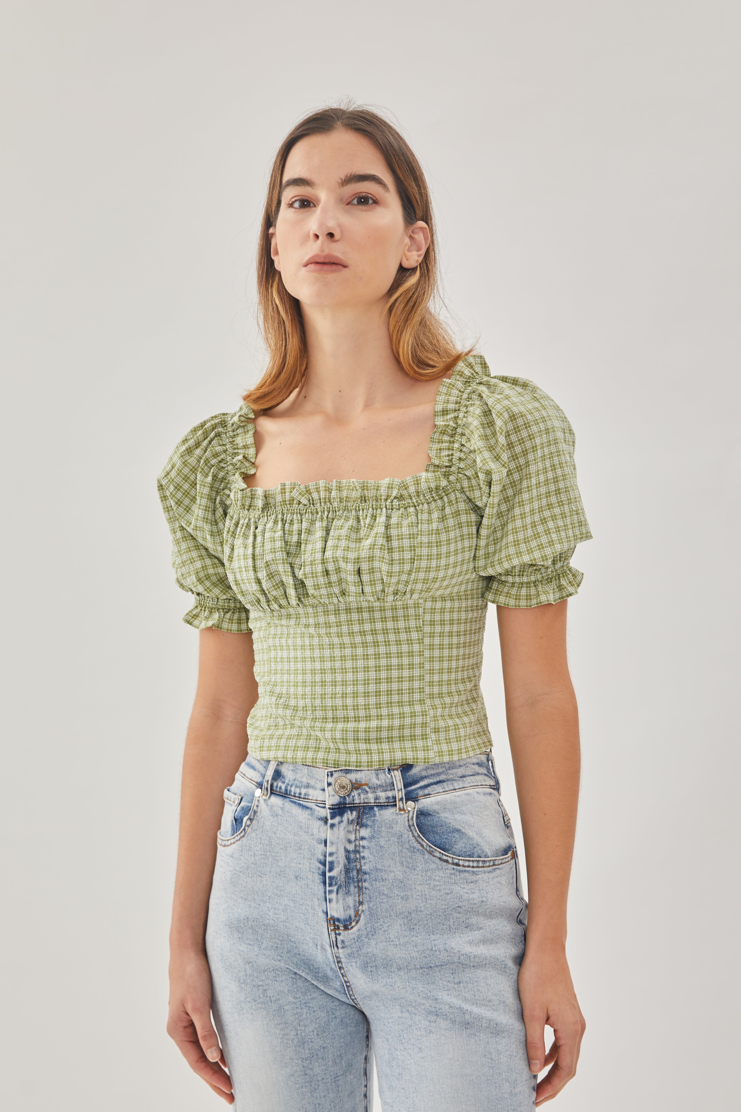 Frill-Trimmed Top in Gingham Fern (Sale)