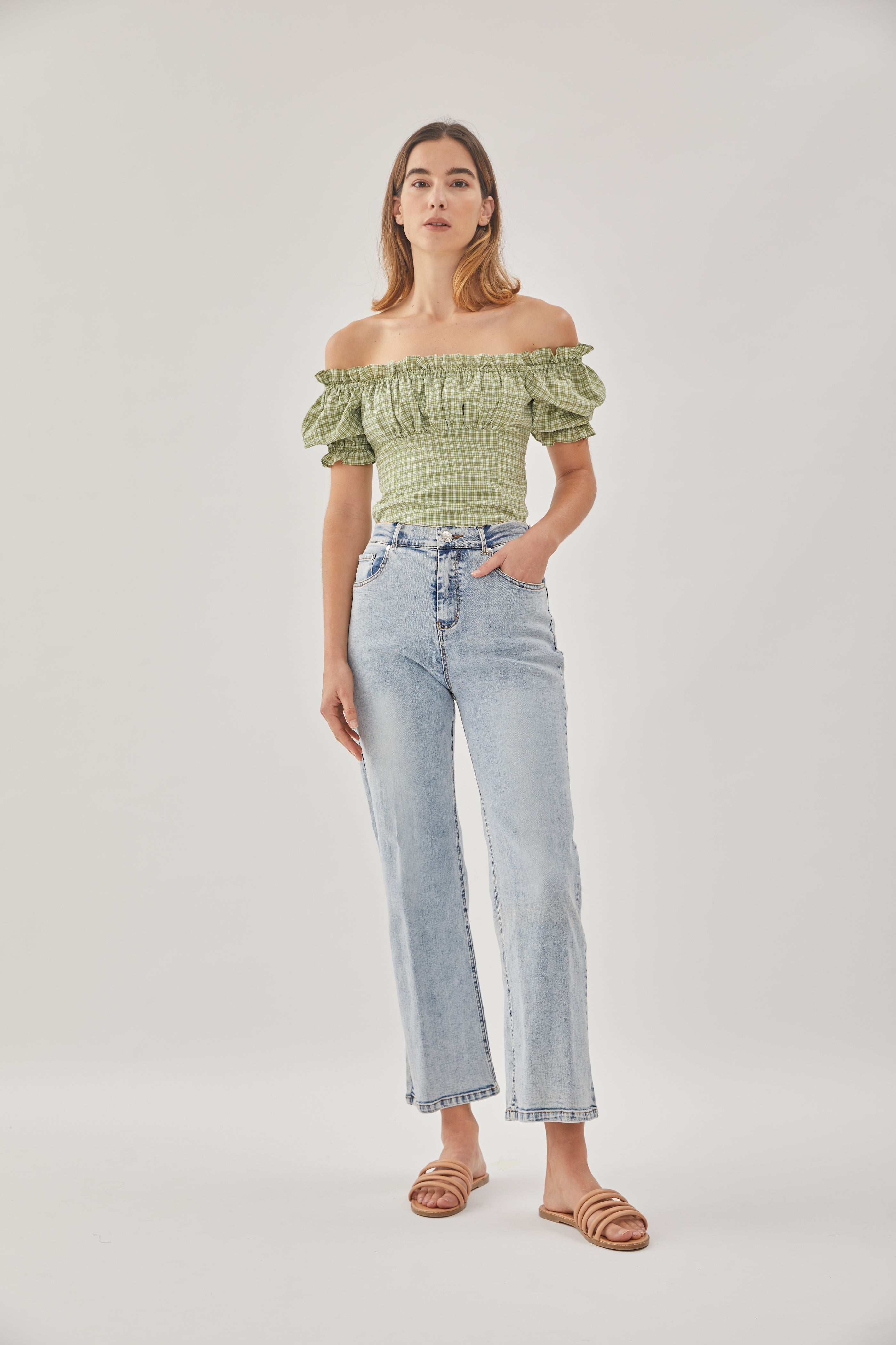 Frill-Trimmed Top in Gingham Fern (Sale)