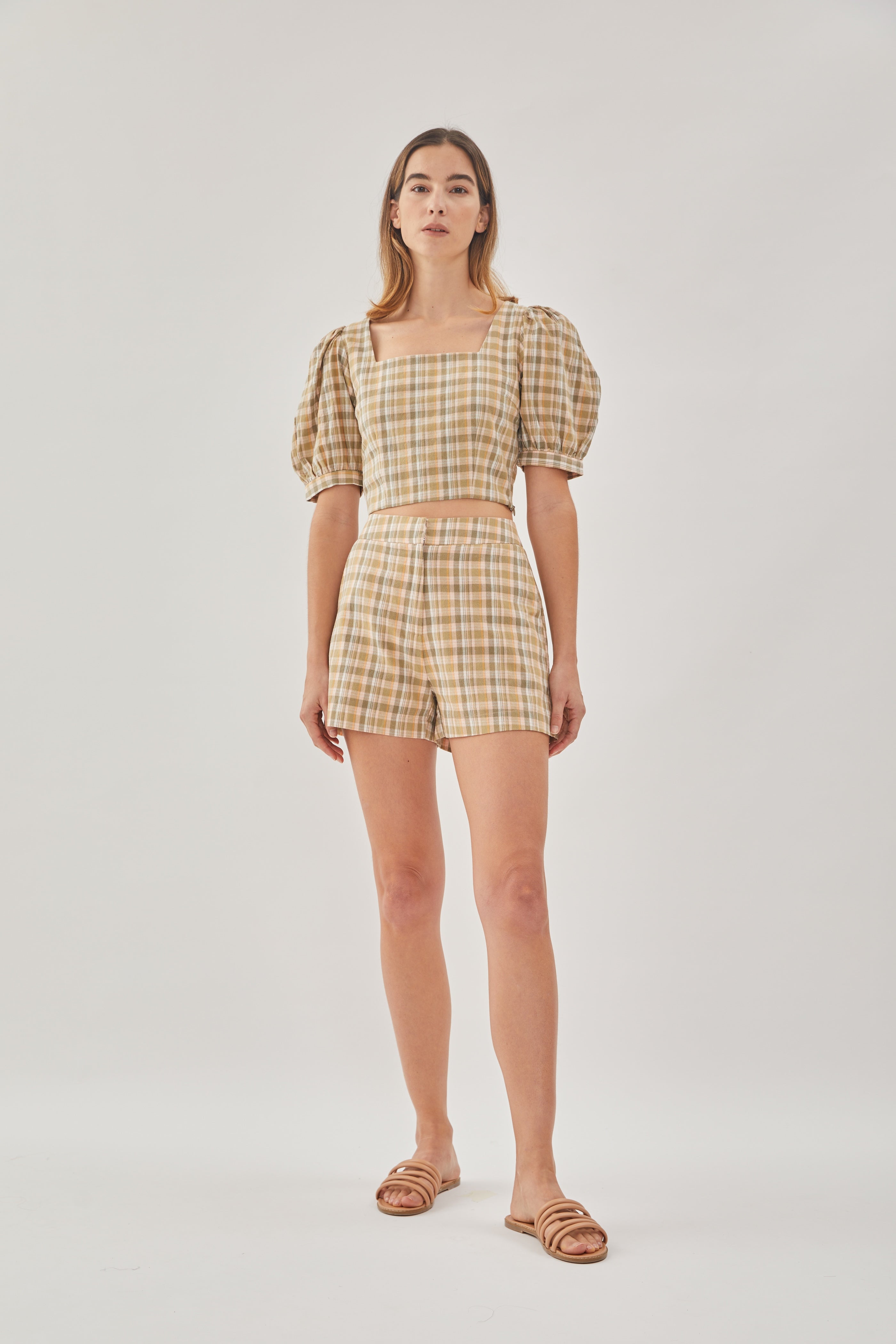 Checkered Cotton Shorts in Forest