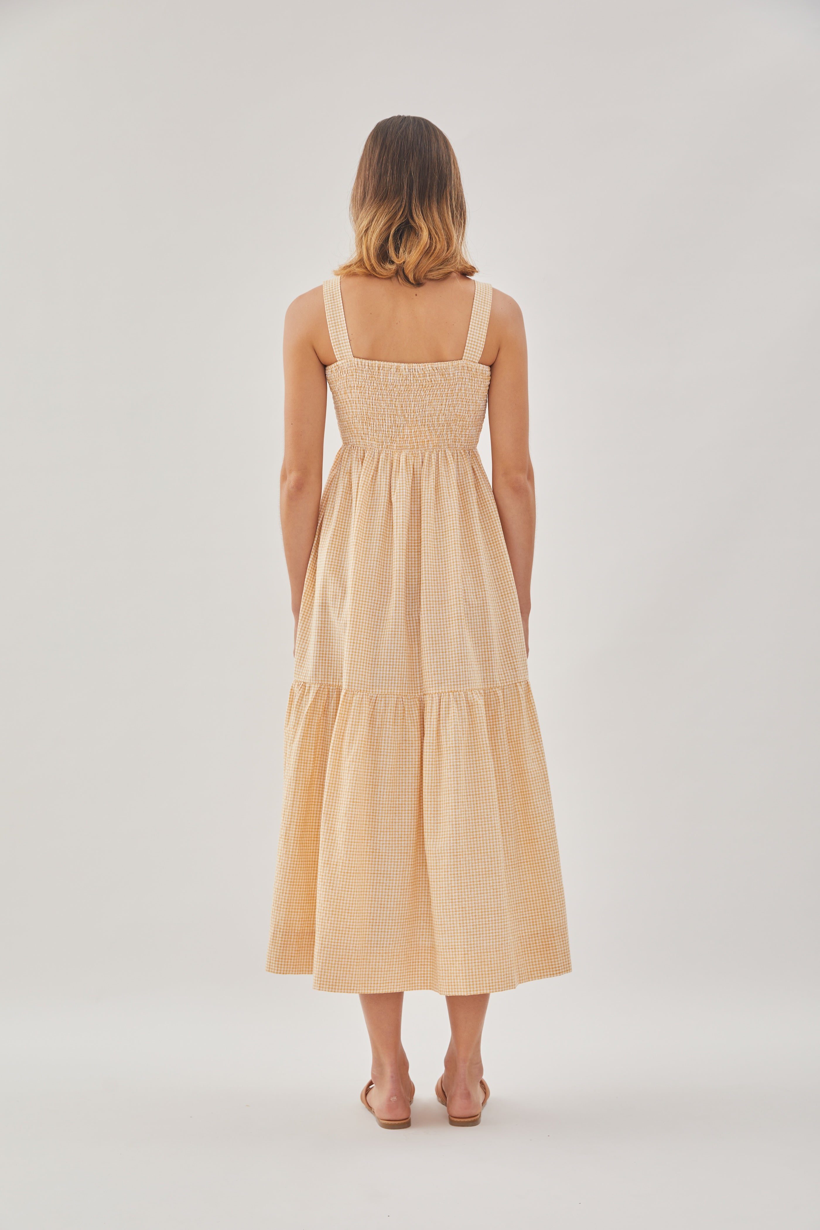 Tiered Sleeveless Shirring Dress in Gingham Yellow