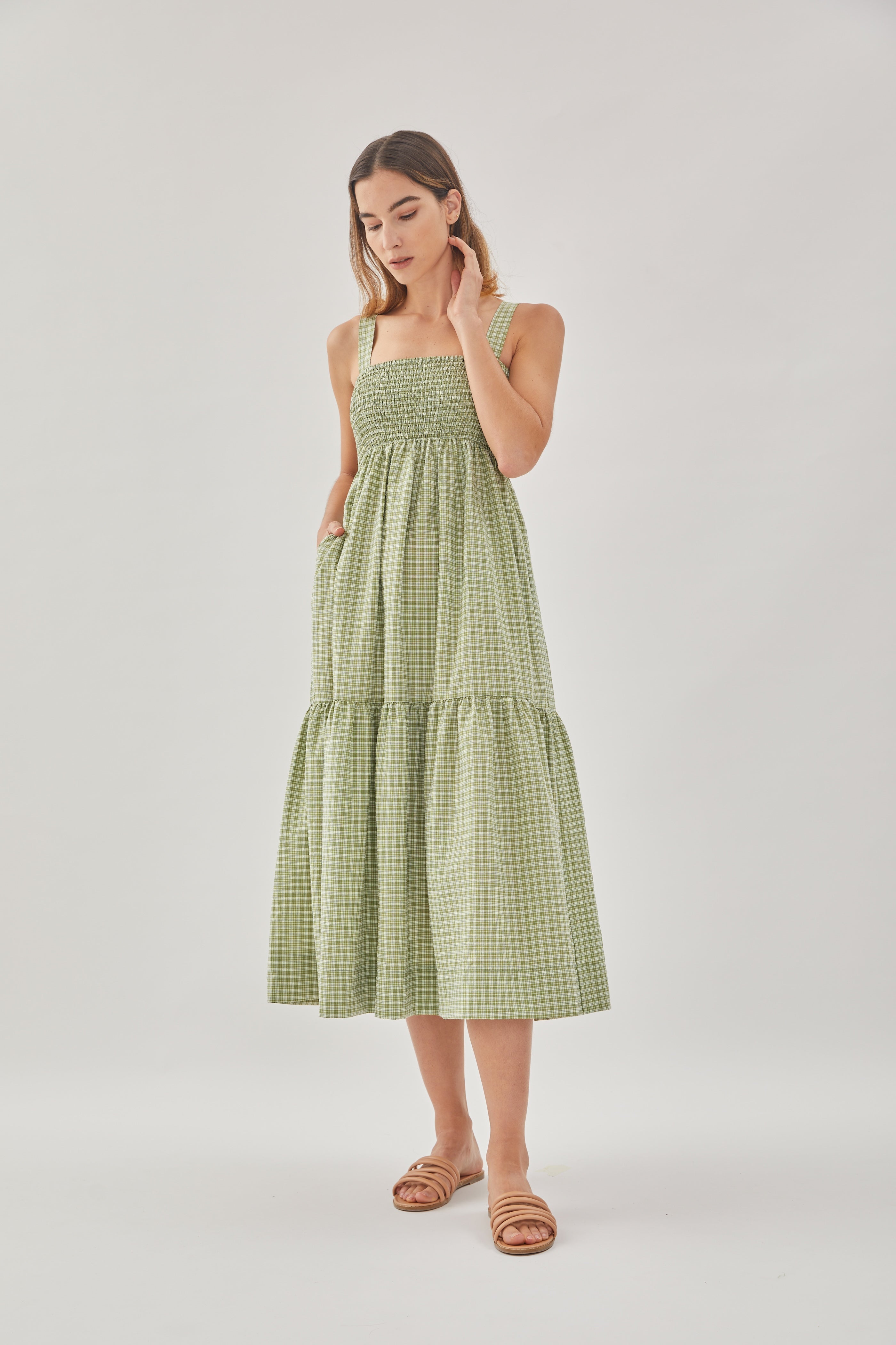 Tiered Sleeveless Shirring Dress in Gingham Fern