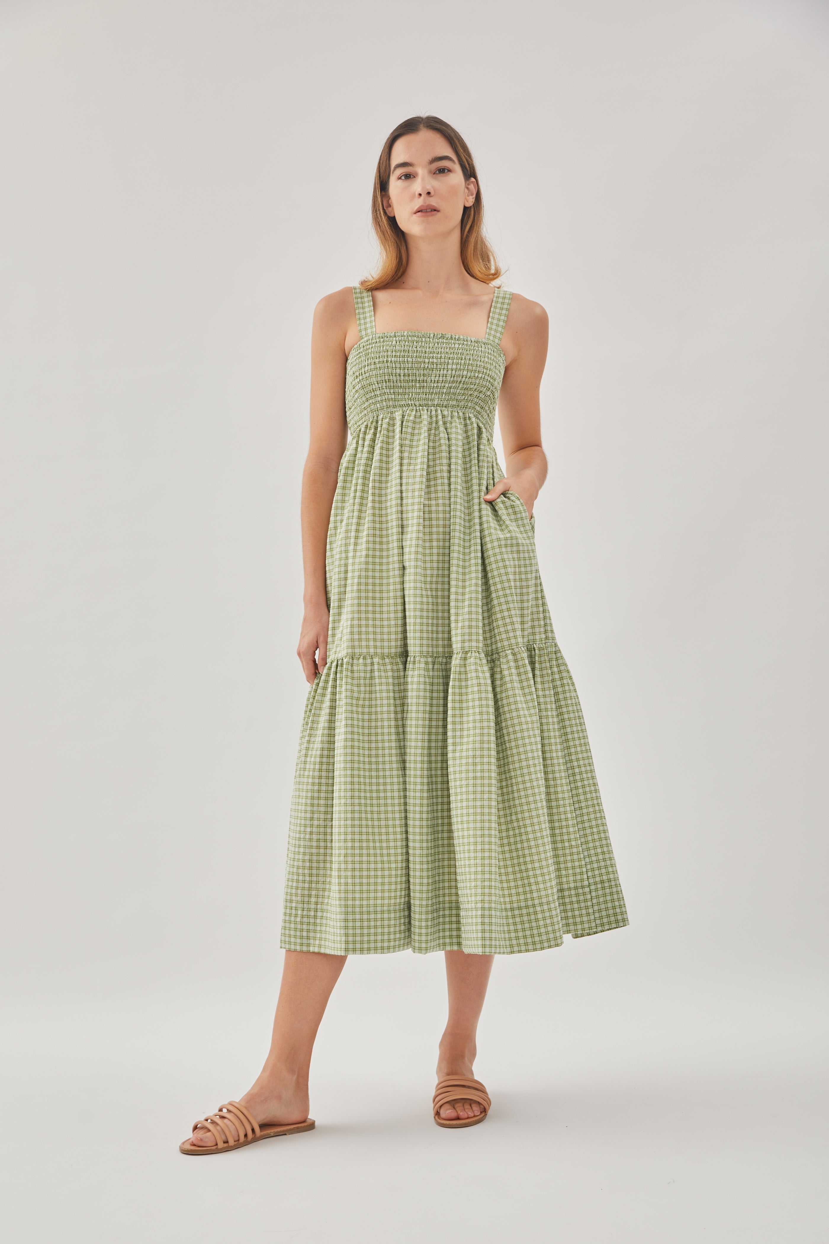 Tiered Sleeveless Shirring Dress in Gingham Fern