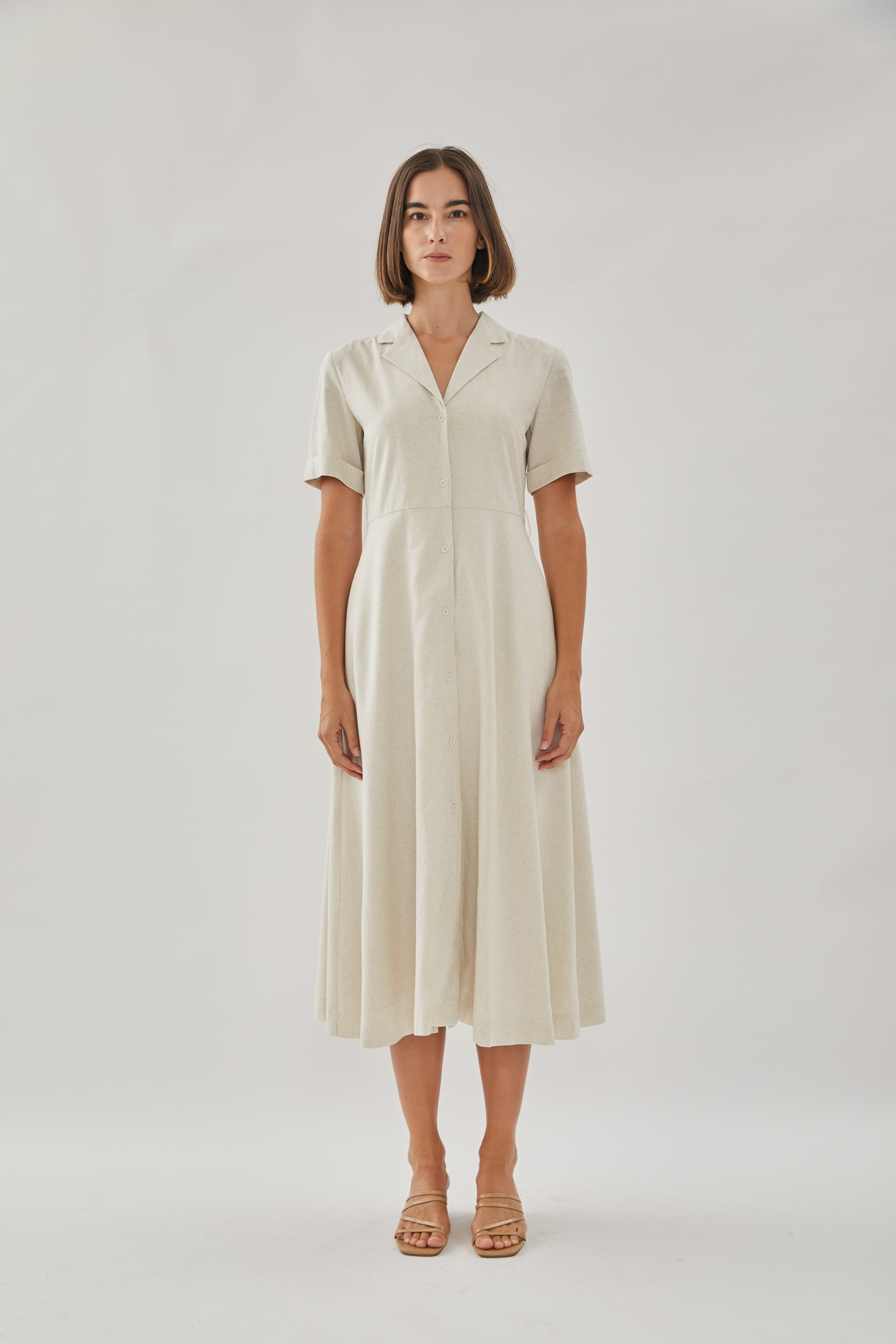 Collared Linen Midi Dress in Natural