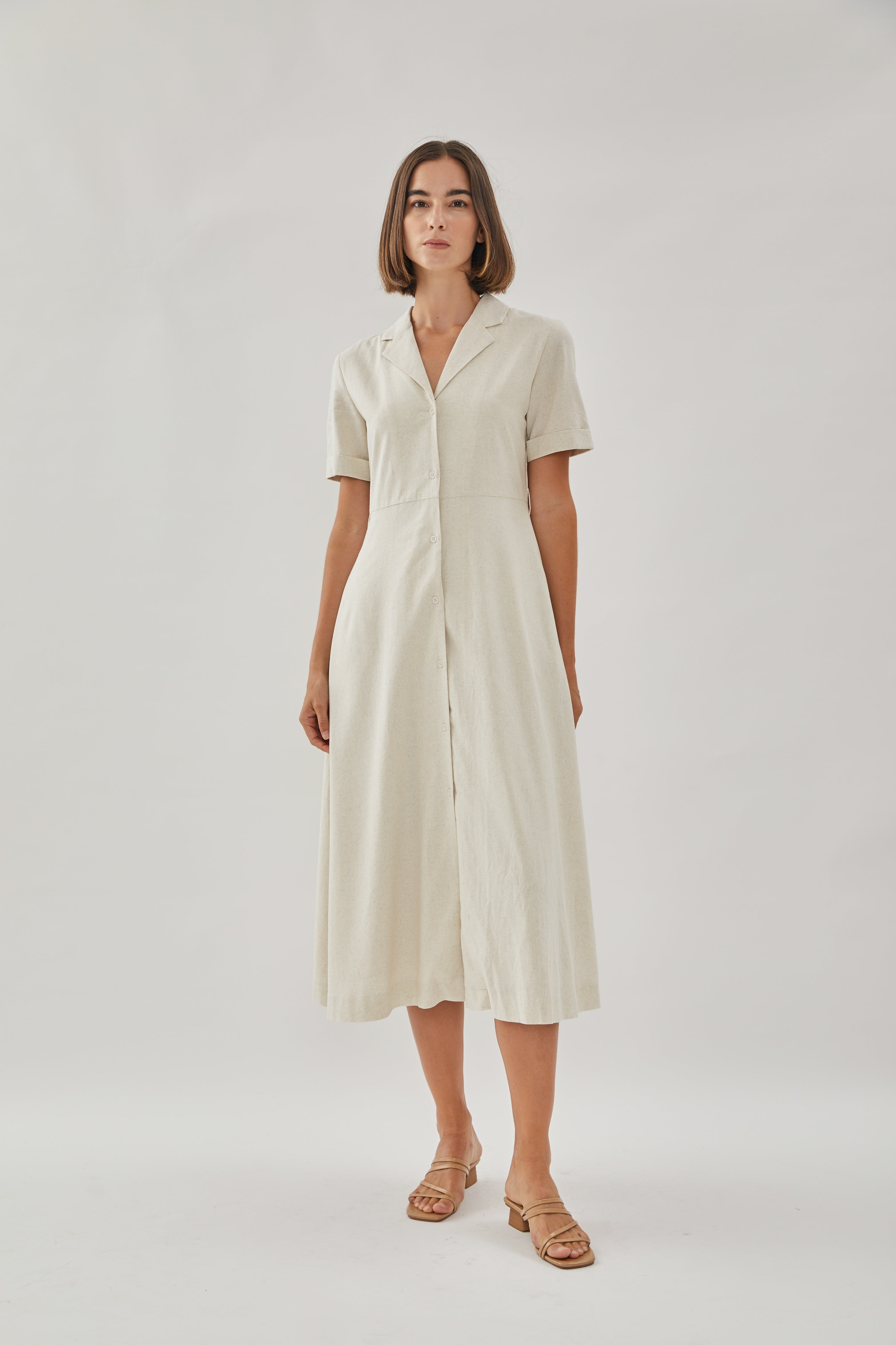 Collared Linen Midi Dress in Natural