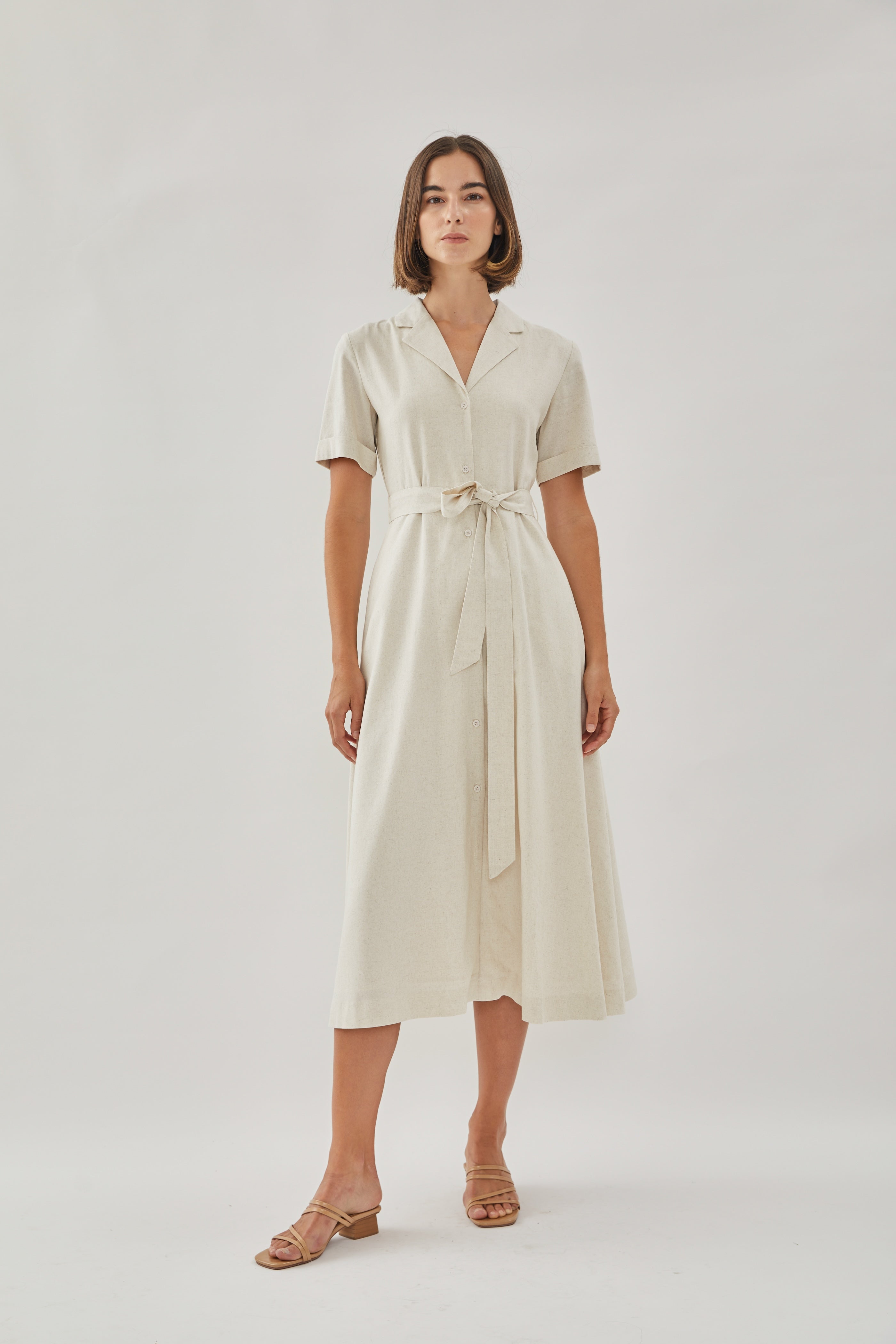 Collared Linen Midi Dress in Natural