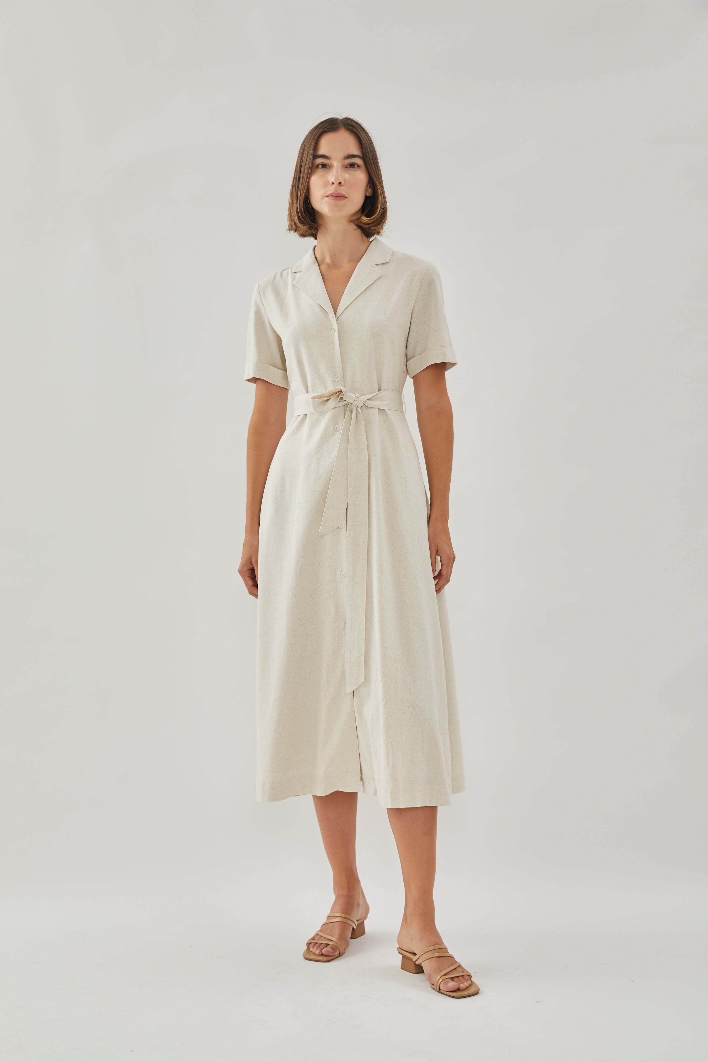 Collared Linen Midi Dress in Natural