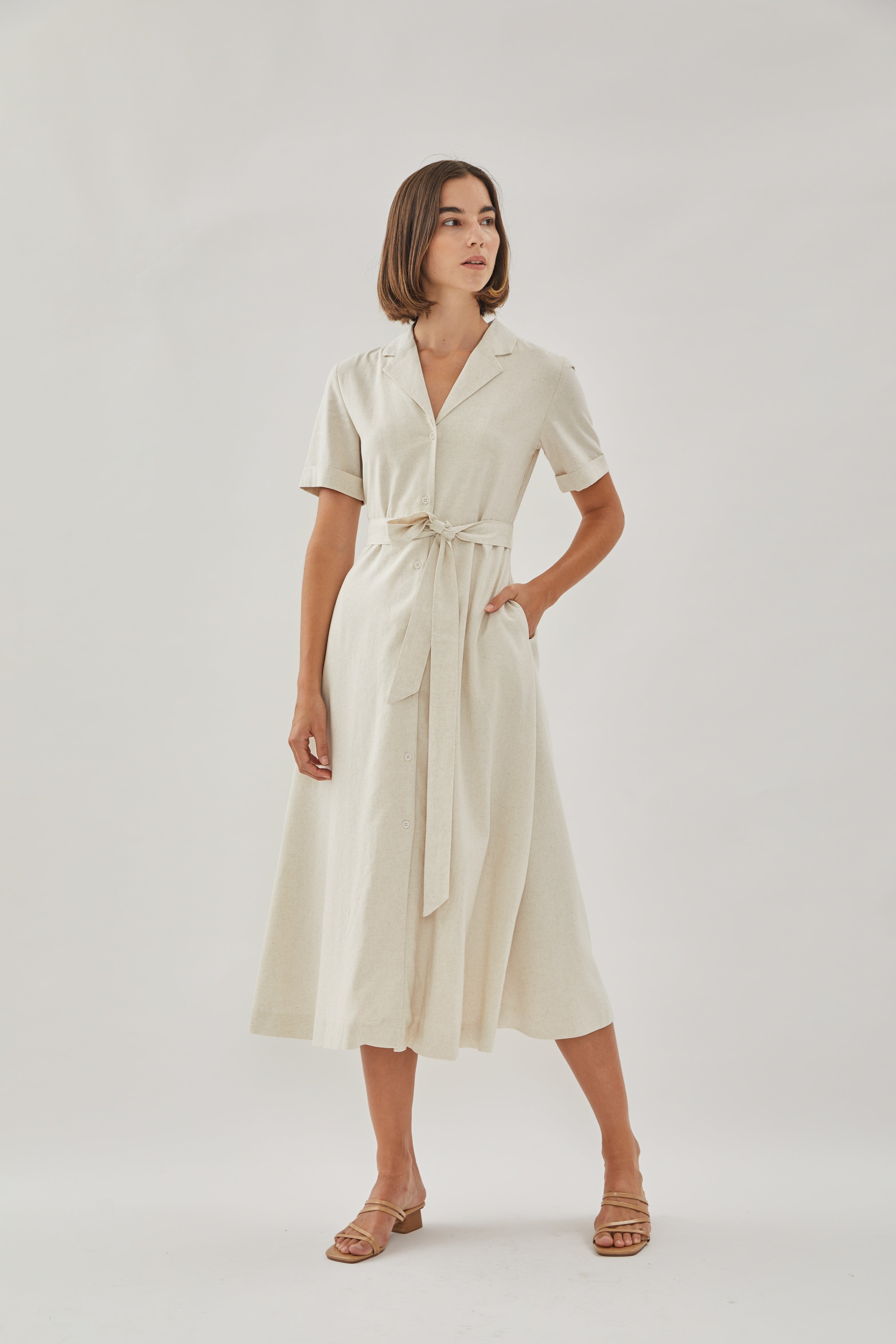 Collared Linen Midi Dress in Natural