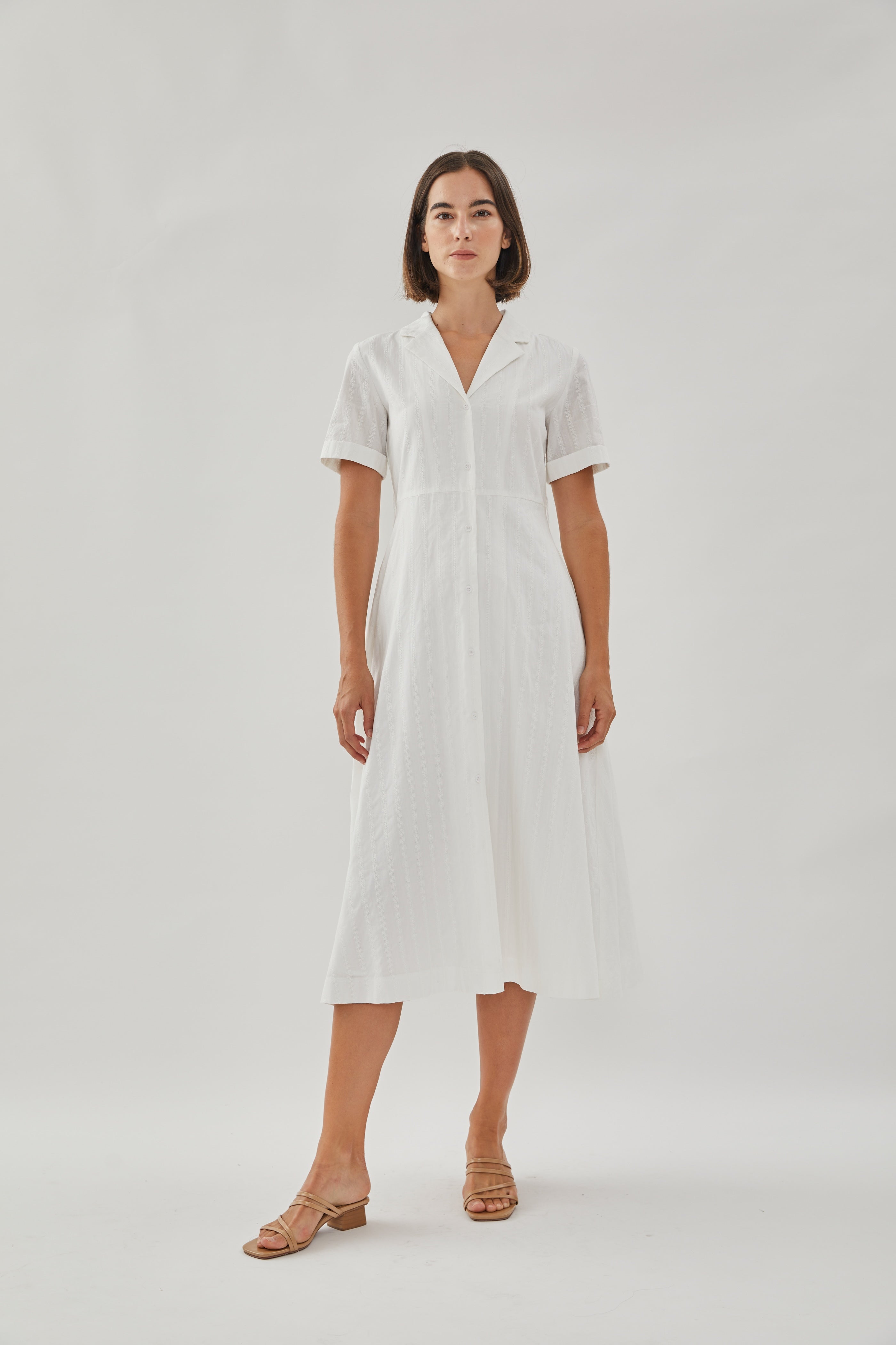 Collared Cotton Midi Dress in White