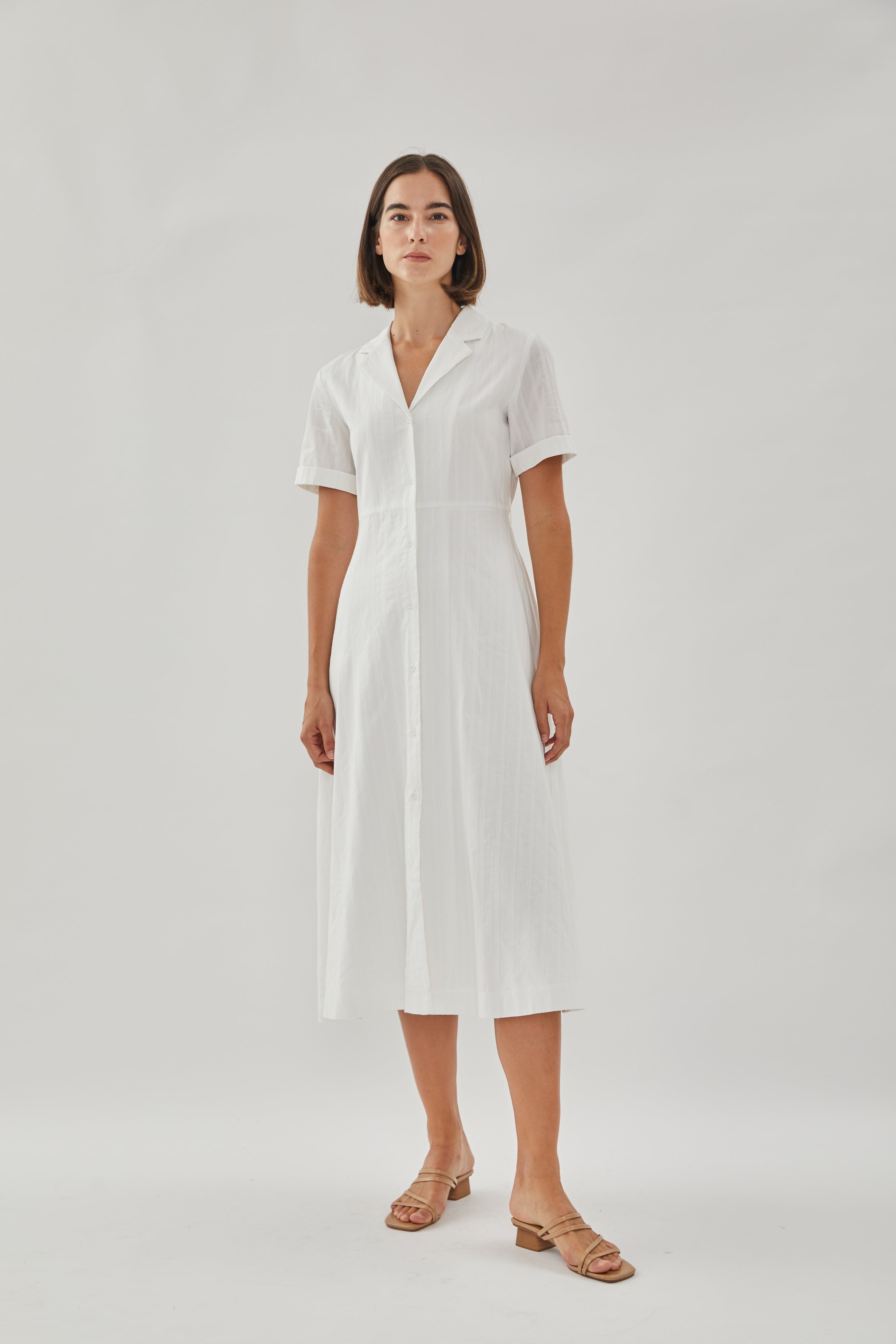 Collared Cotton Midi Dress in White