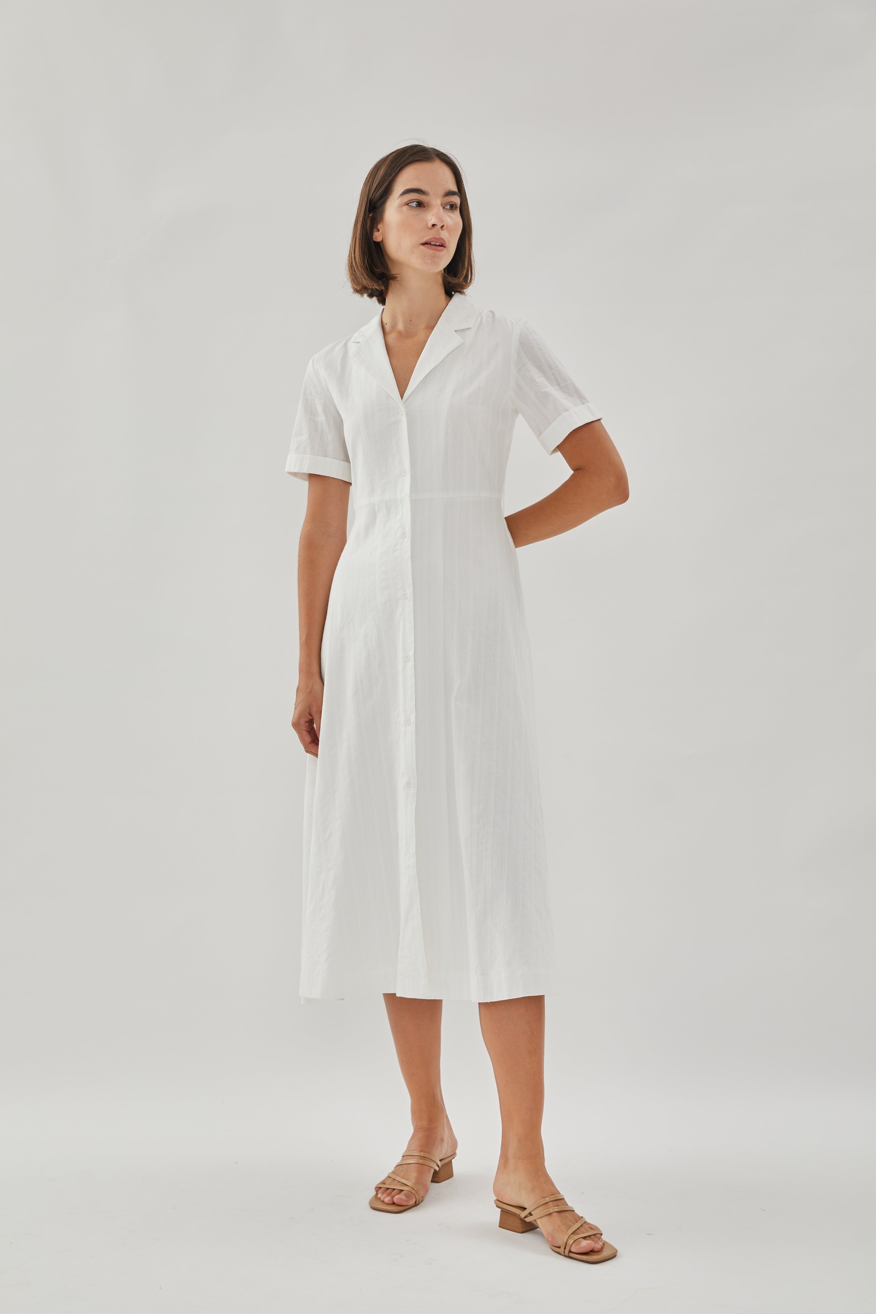 Collared Cotton Midi Dress in White