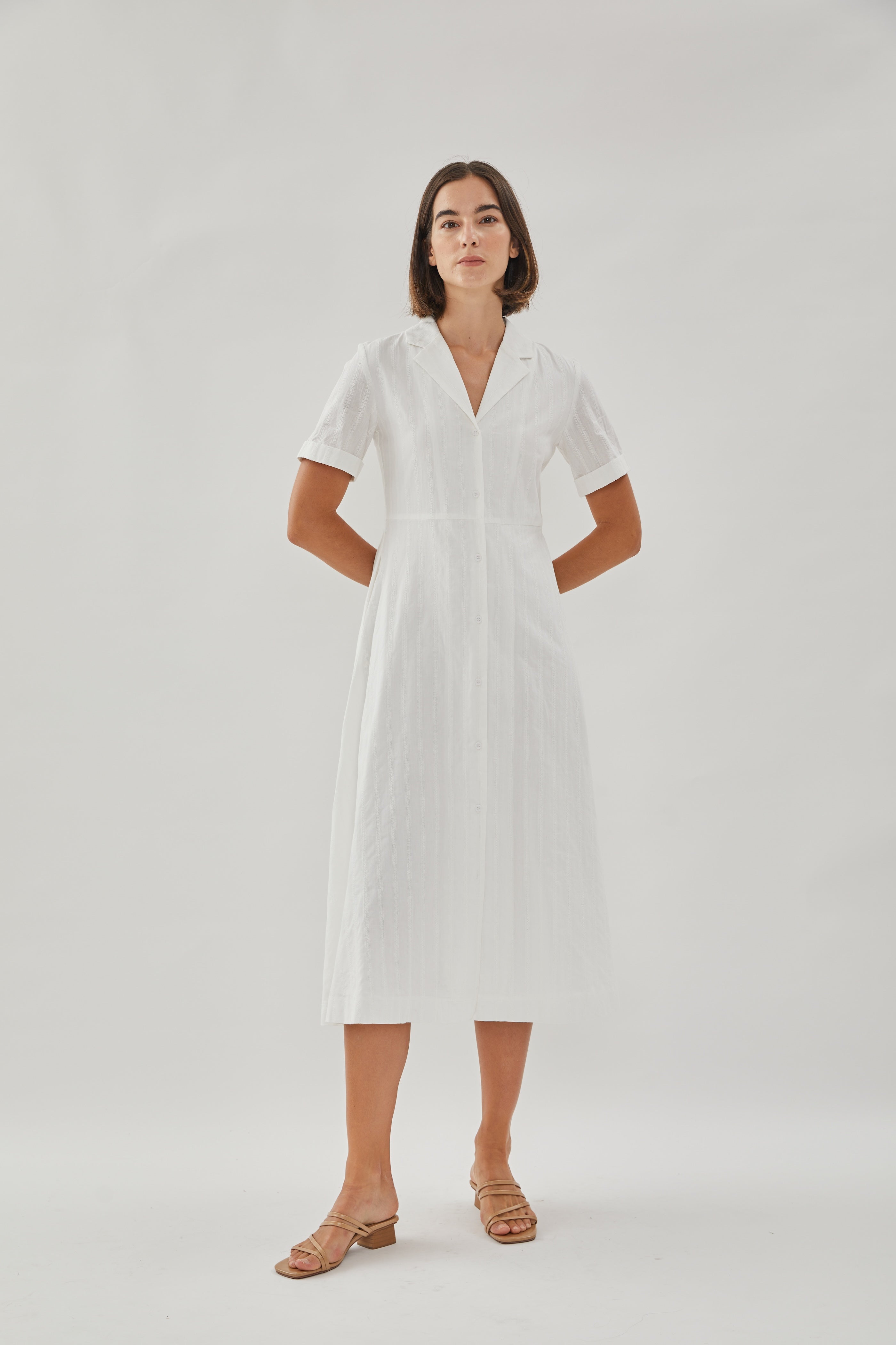 Collared Cotton Midi Dress in White