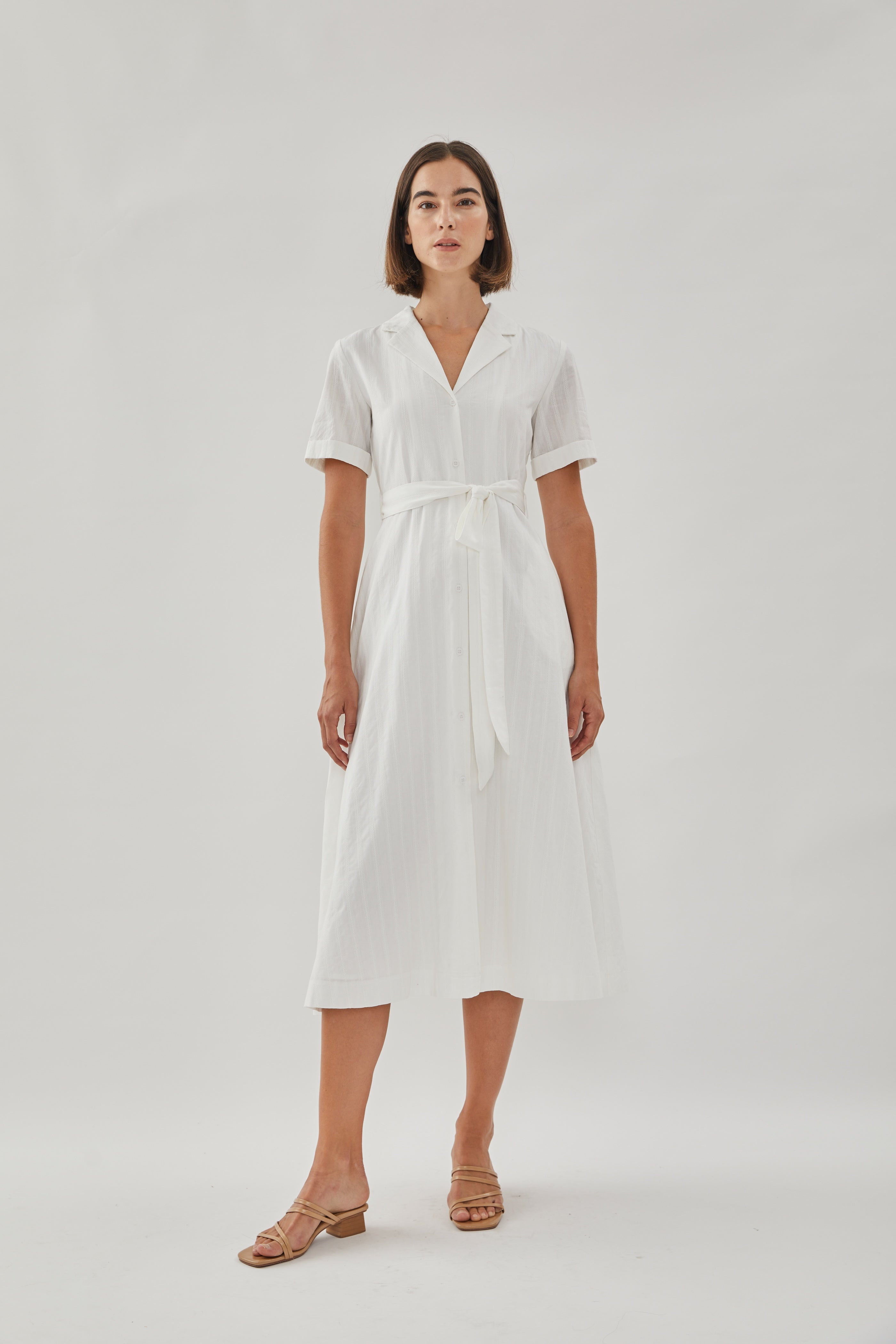 Collared Cotton Midi Dress in White
